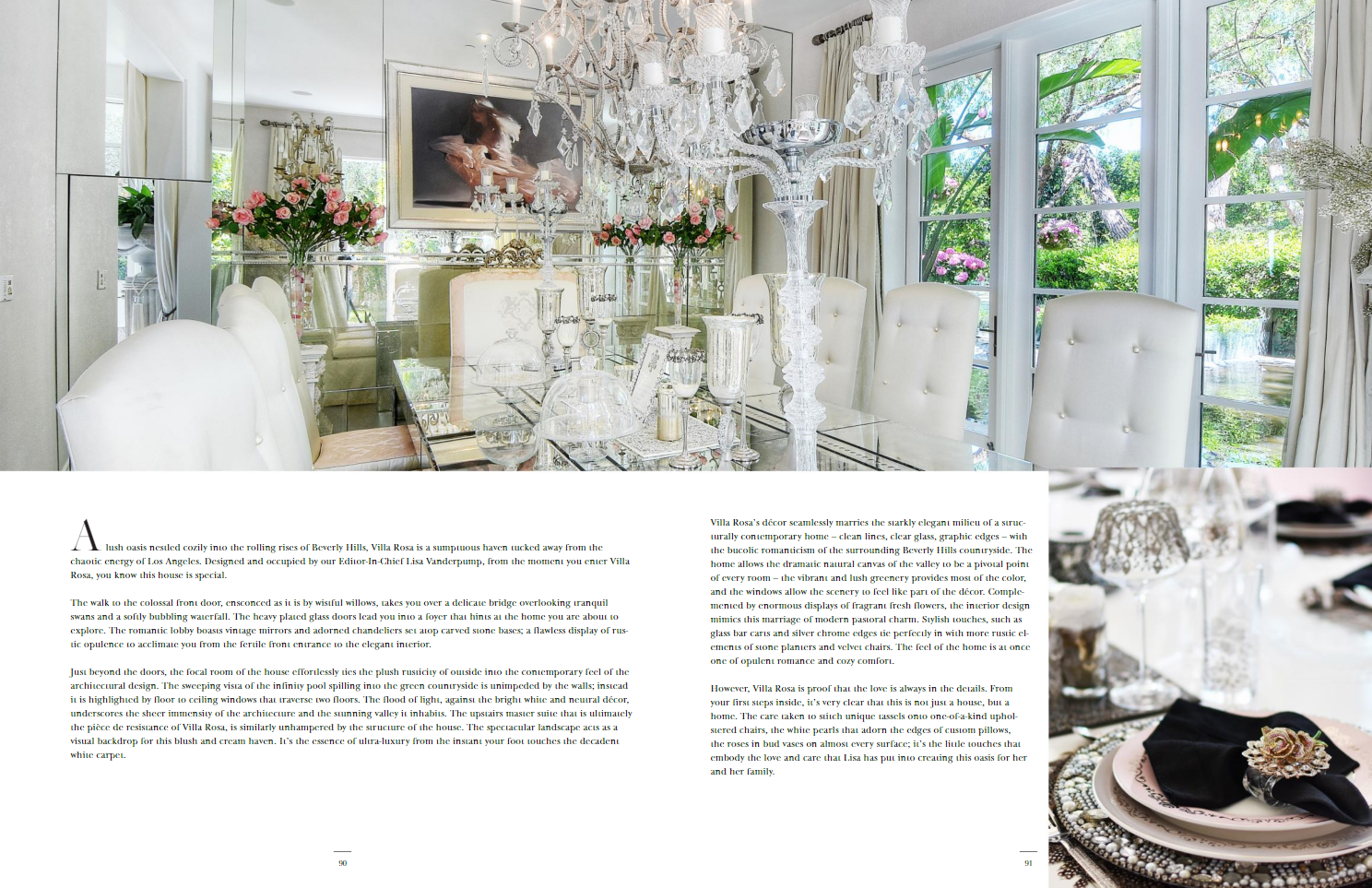 Open magazine featuring a luxurious dining room with white chairs, a glass table, and elegant chandelier, along with a close-up of a fancy table setting with a black napkin and ornate jewelry.