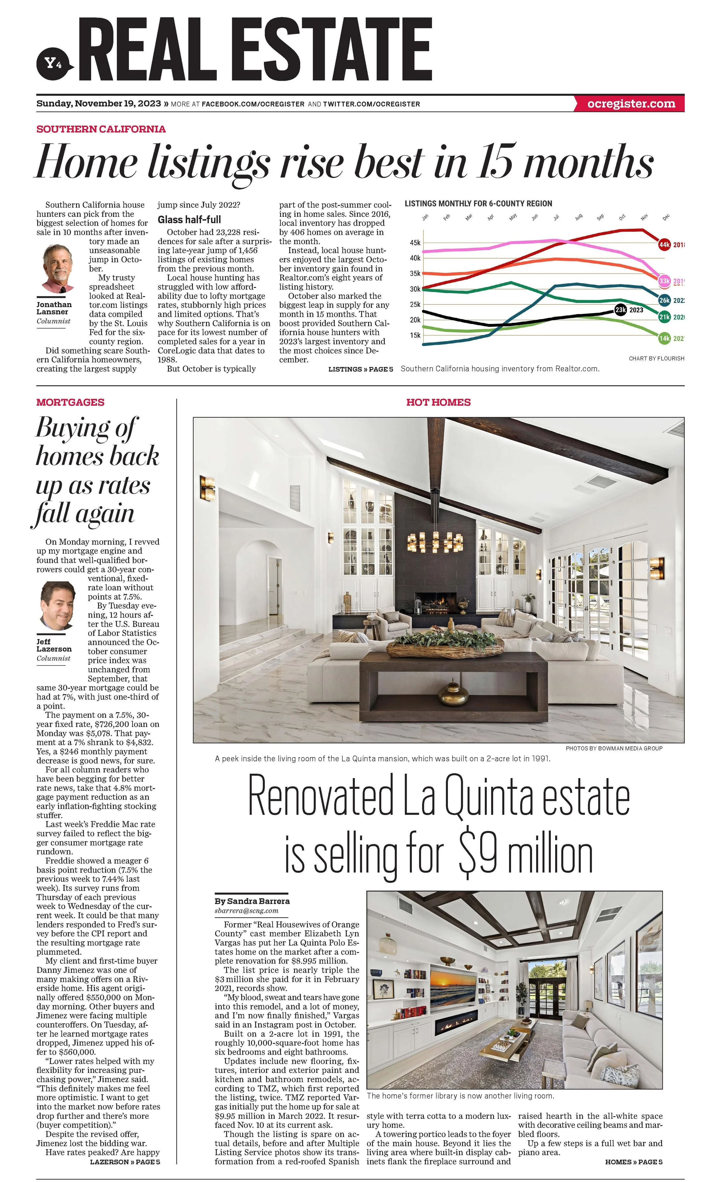 A newspaper page featuring real estate news, including a line graph of home listings in Southern California, a photo of a modern living room inside the La Quinta estate, and a living room with large windows and white furniture.