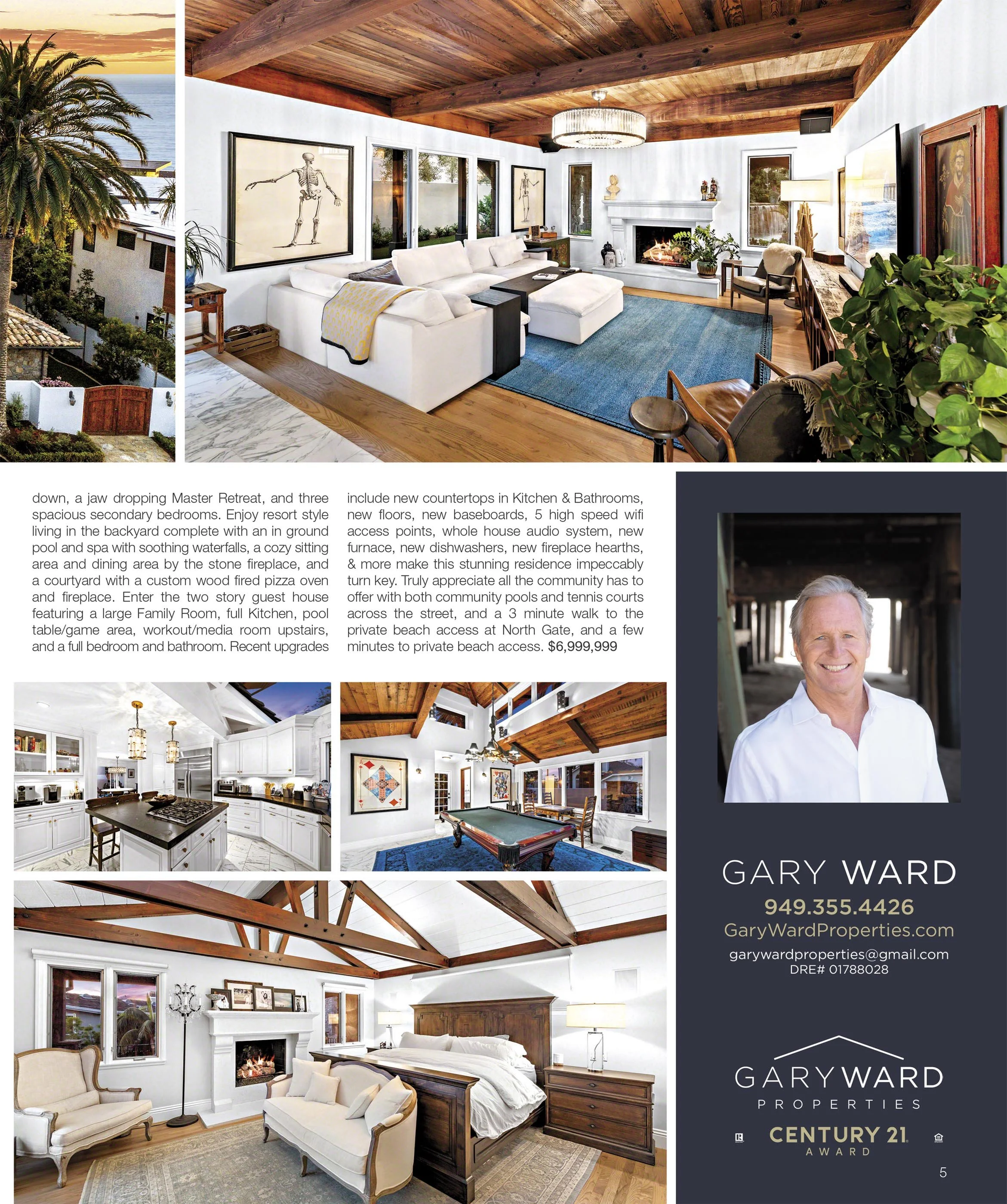 A real estate brochure featuring images of a modern house interior and exterior, including a living room with wood ceiling and fireplace, a kitchen with white cabinets, a game room with pool table, and a bedroom with wood beam ceiling.