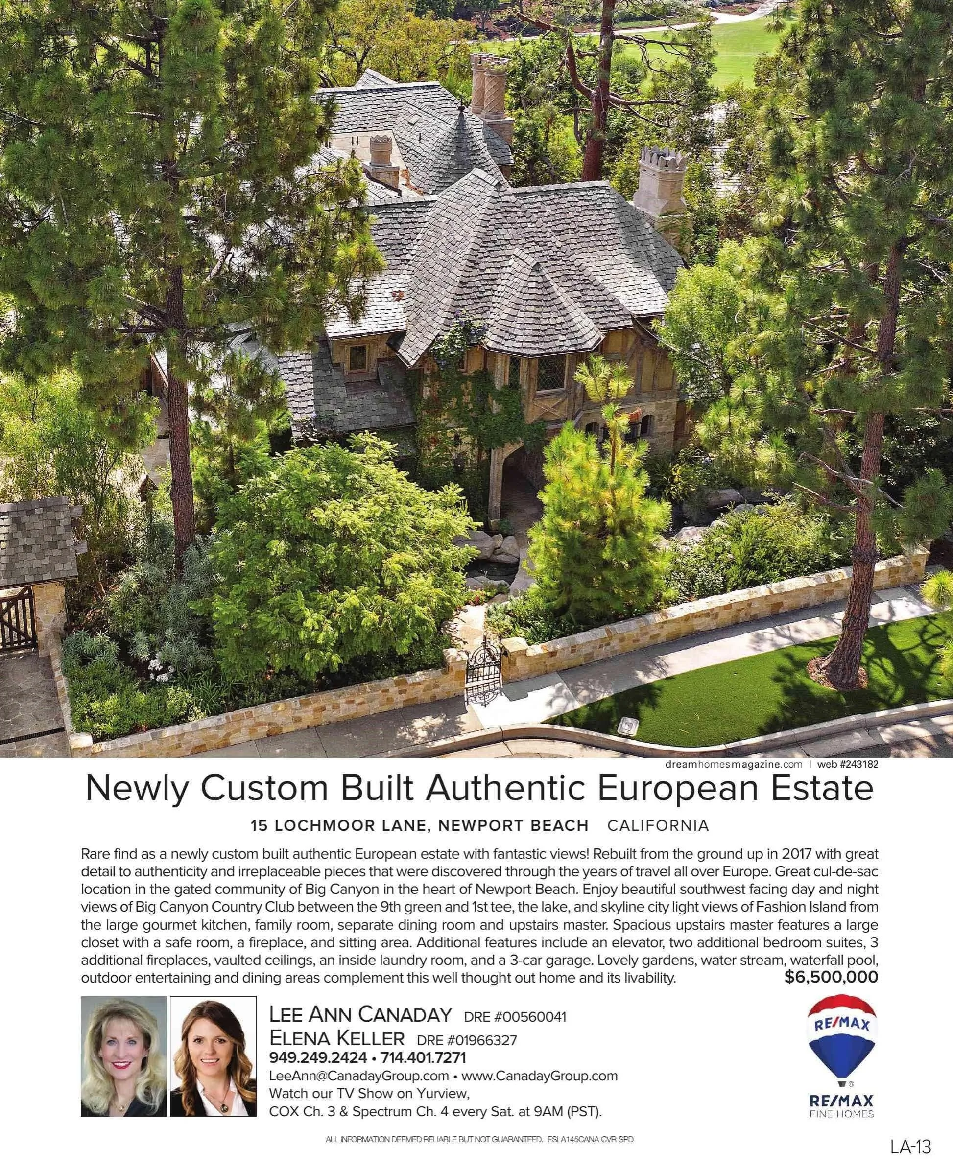 Aerial view of a European-style estate surrounded by tall trees, stone walls, a garden, and a pathway with a gate.