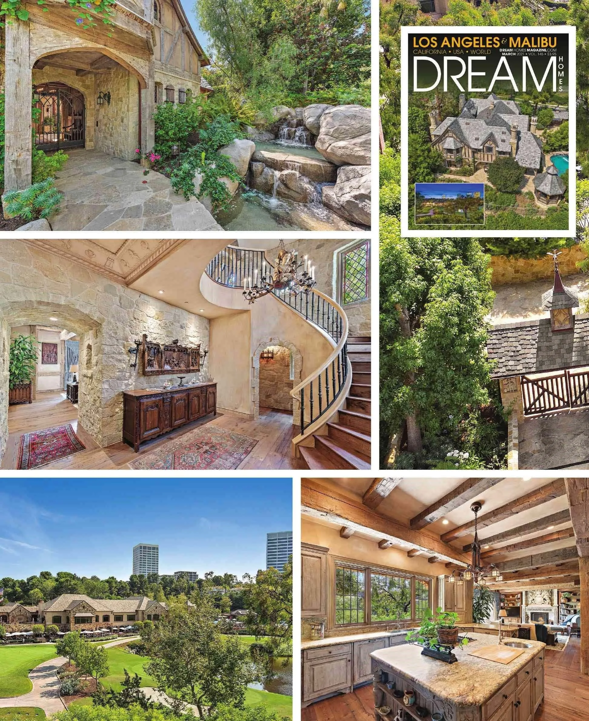 Composite image of luxurious homes featuring outdoor waterfall and garden, elegant interior with stone walls and spiral staircase, aerial view of mansion with pool, neighborhood park, and rustic kitchen with wooden beams.