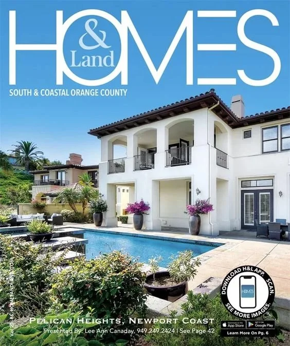 Cover of H&omes magazine featuring a luxurious white two-story house with a swimming pool in the backyard, outdoor furniture, and lush landscaping in Newport Coast, California.