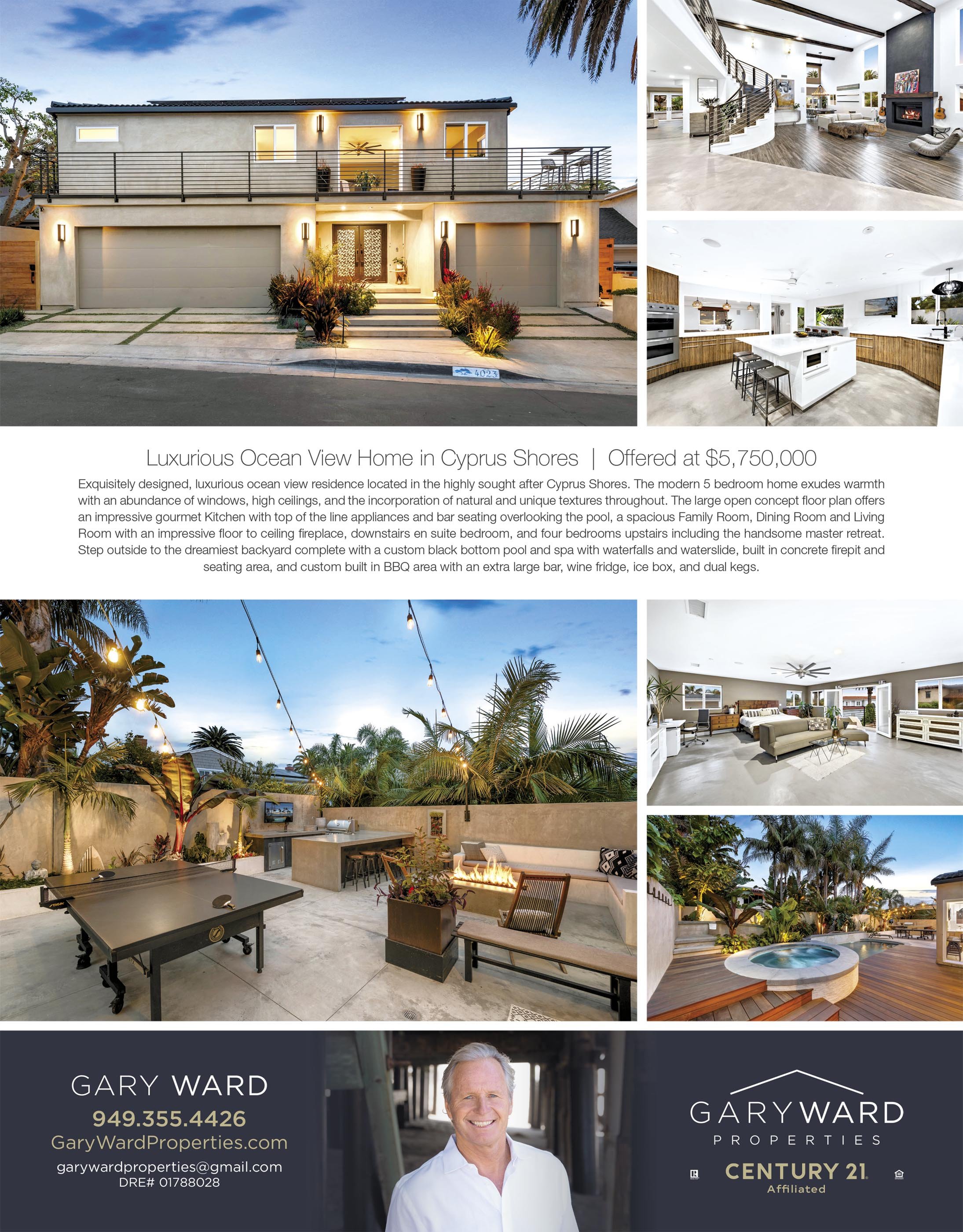 Real estate flyer showcasing a luxurious ocean view home in Cyprus Shores with multiple interior and exterior photos, including a front view, spacious living areas, outdoor entertainment spaces with a pool, hot tub, and seating area, and contact info