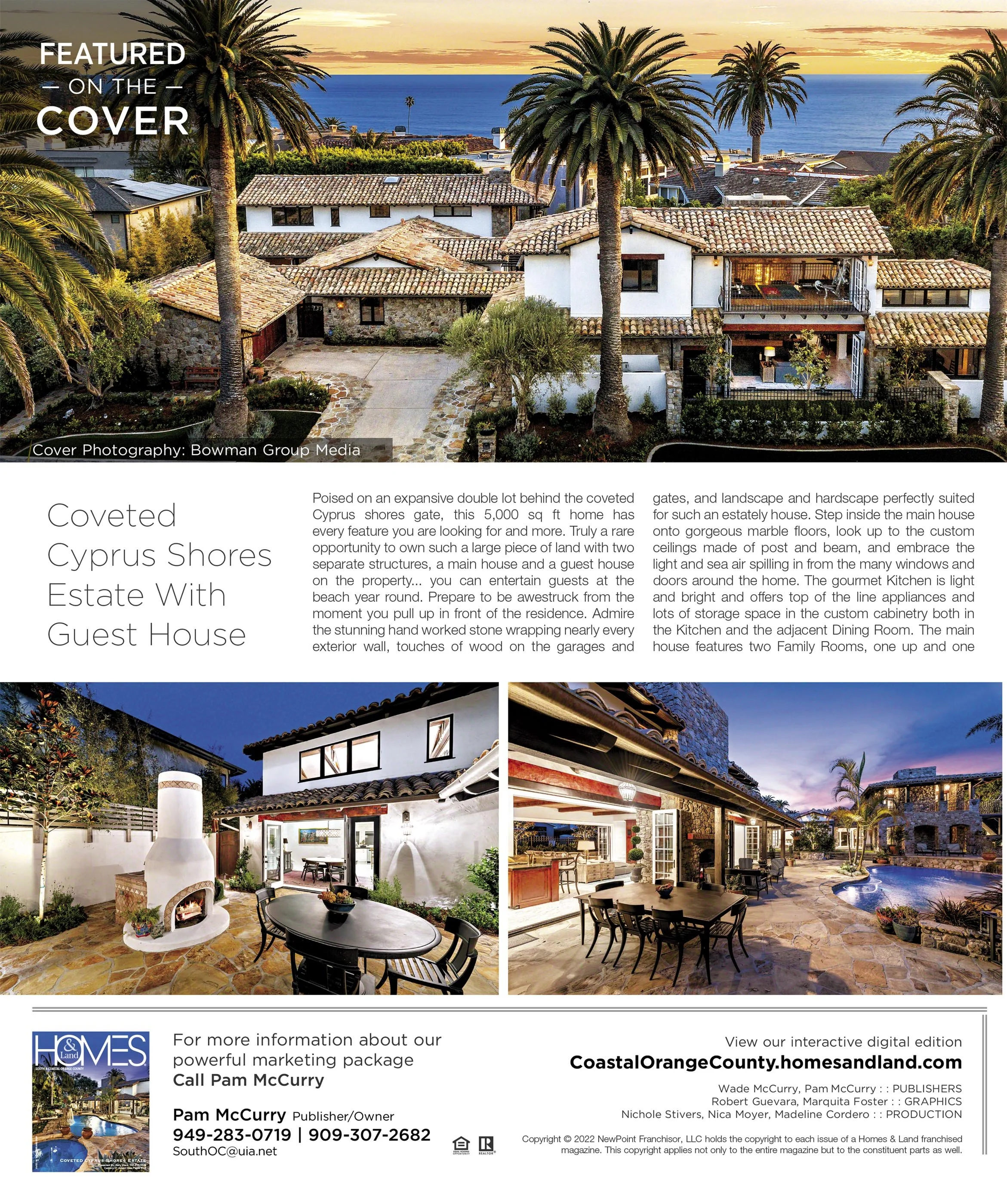 Aerial view of a Mediterranean-style estate on Cyprus Shores overlooking the ocean at sunset, surrounded by palm trees, with three inset photos showing outdoor living spaces including a patio with a fireplace, dining area, and pool area.