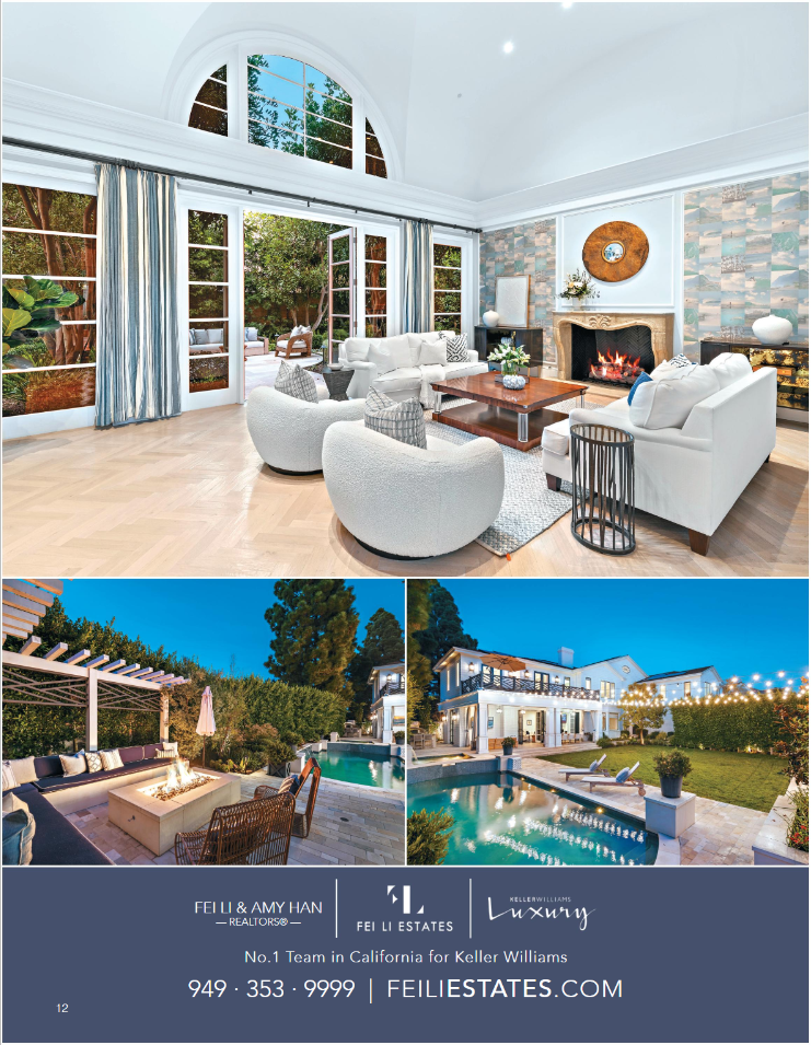 Interior living room with large arched window, white couches, fireplace, and artwork. Outdoor backyard with pool, patio, and string lights at night. Real estate advertisement with contact info and logos.