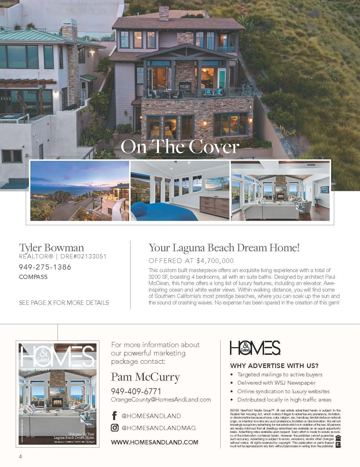 A real estate flyer showcasing a large modern house on a hillside with an exterior view, and additional interior images including a bedroom and living room with large windows and ocean views. The flyer promotes a beach home for sale in Laguna Beach.