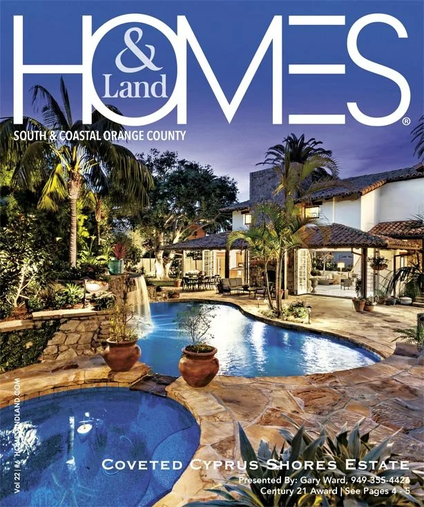 Cover of H&L Homes South & Coastal Orange County magazine featuring a luxurious backyard with a pool, palm trees, and a patio area at dusk.