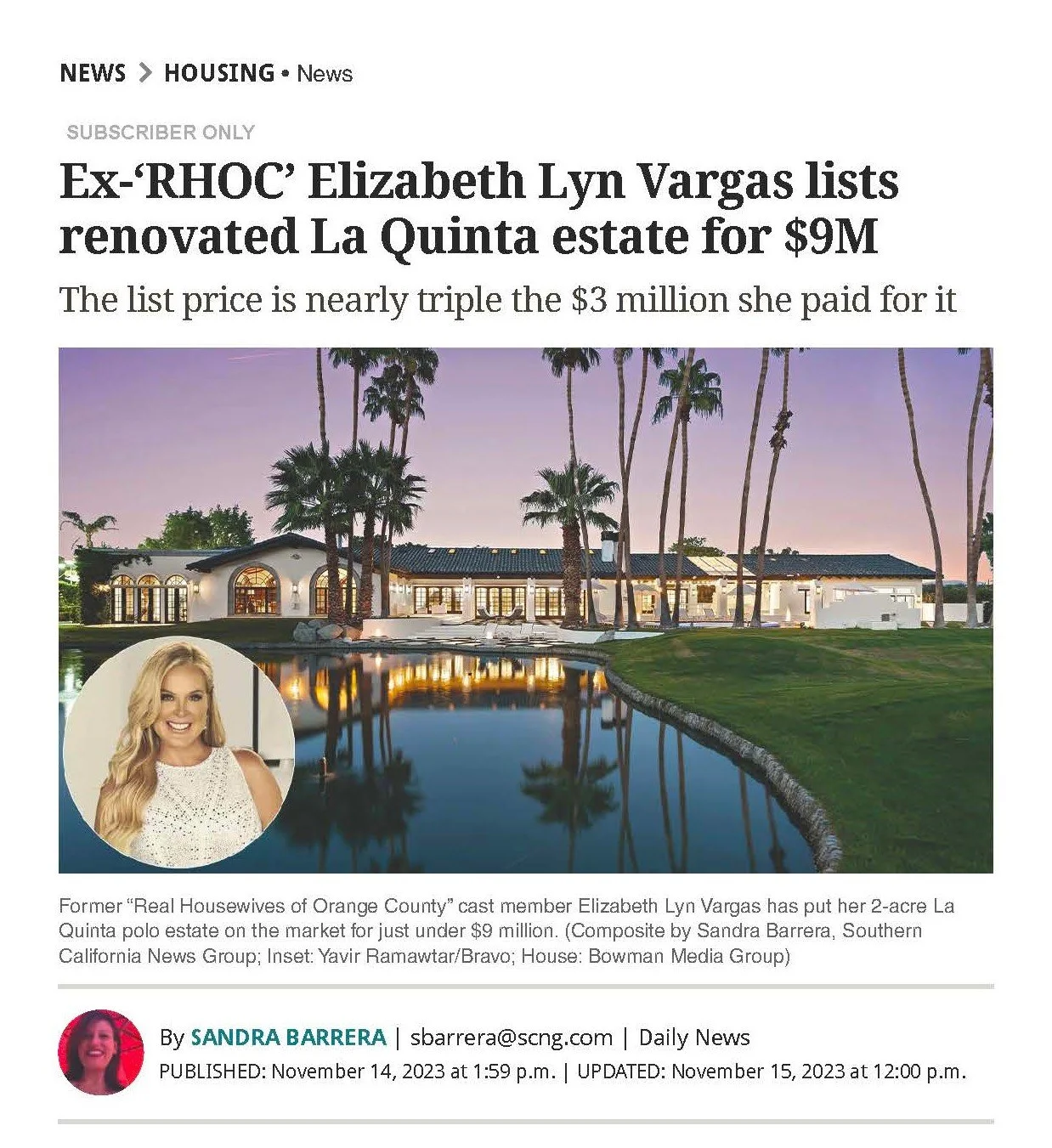 A real estate listing article showing a photograph of a large, luxurious house with a swimming pool, palm trees, and sunset sky. An inset of a smiling woman with long blonde hair, and text about Elizabeth Lyn Vargas listing her La Quinta estate for n