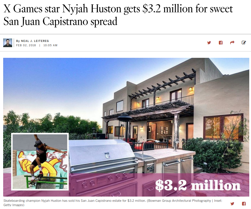 Exterior of a modern two-story house with outdoor kitchen and grill, surrounded by trees, and a skateboarder performing a trick in front of colorful graffiti artwork.