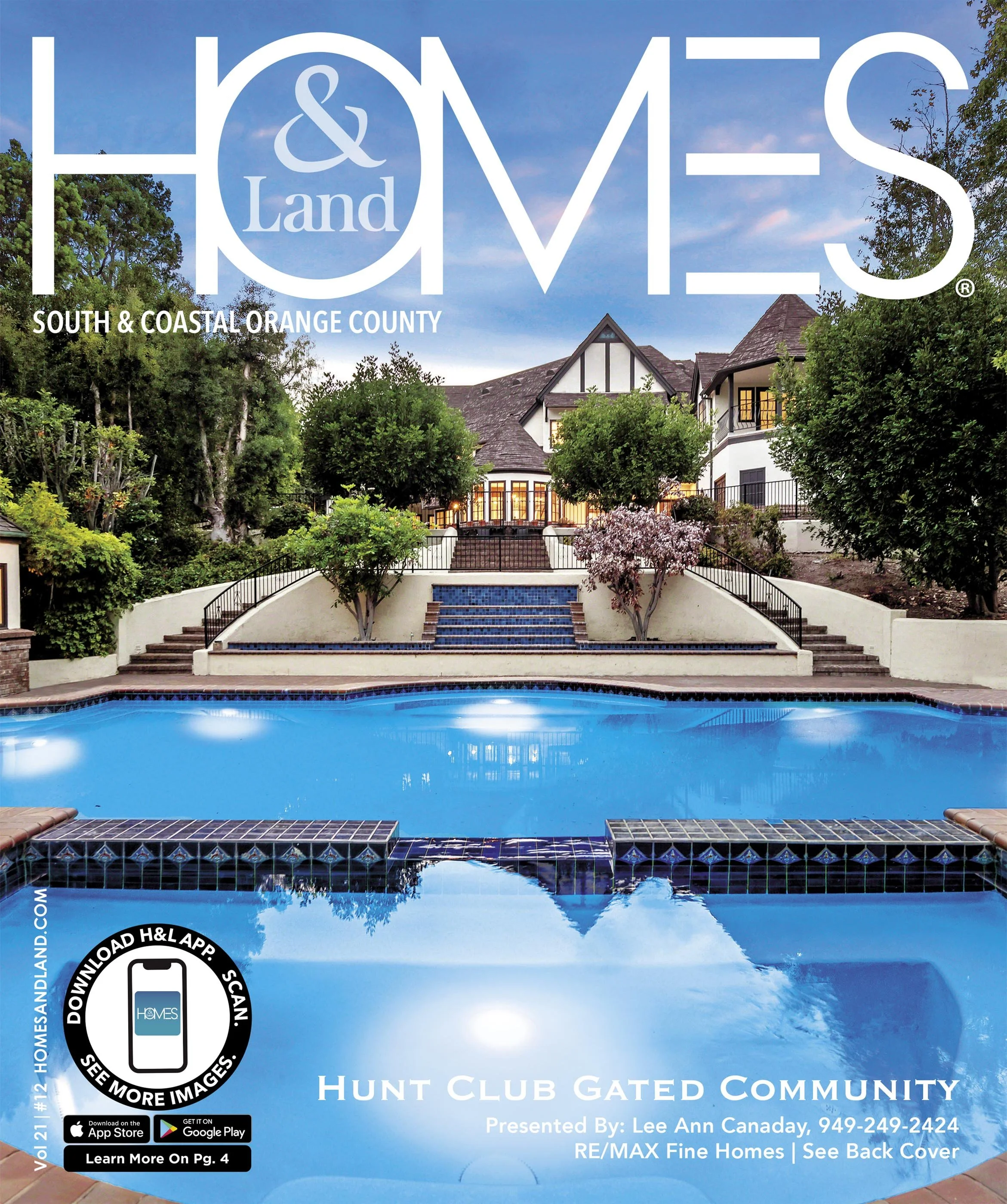 Cover of Homes magazine featuring a spacious house with a large backyard pool, landscaped garden, trees, and a grand staircase leading to the house in South & Coastal Orange County.