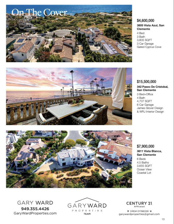 Three separate real estate listings, each with aerial photos of different homes and views in San Clemente, California. The top listing shows a waterfront home with a view of the ocean, priced at $4.6 million. The middle listing features a condo with 