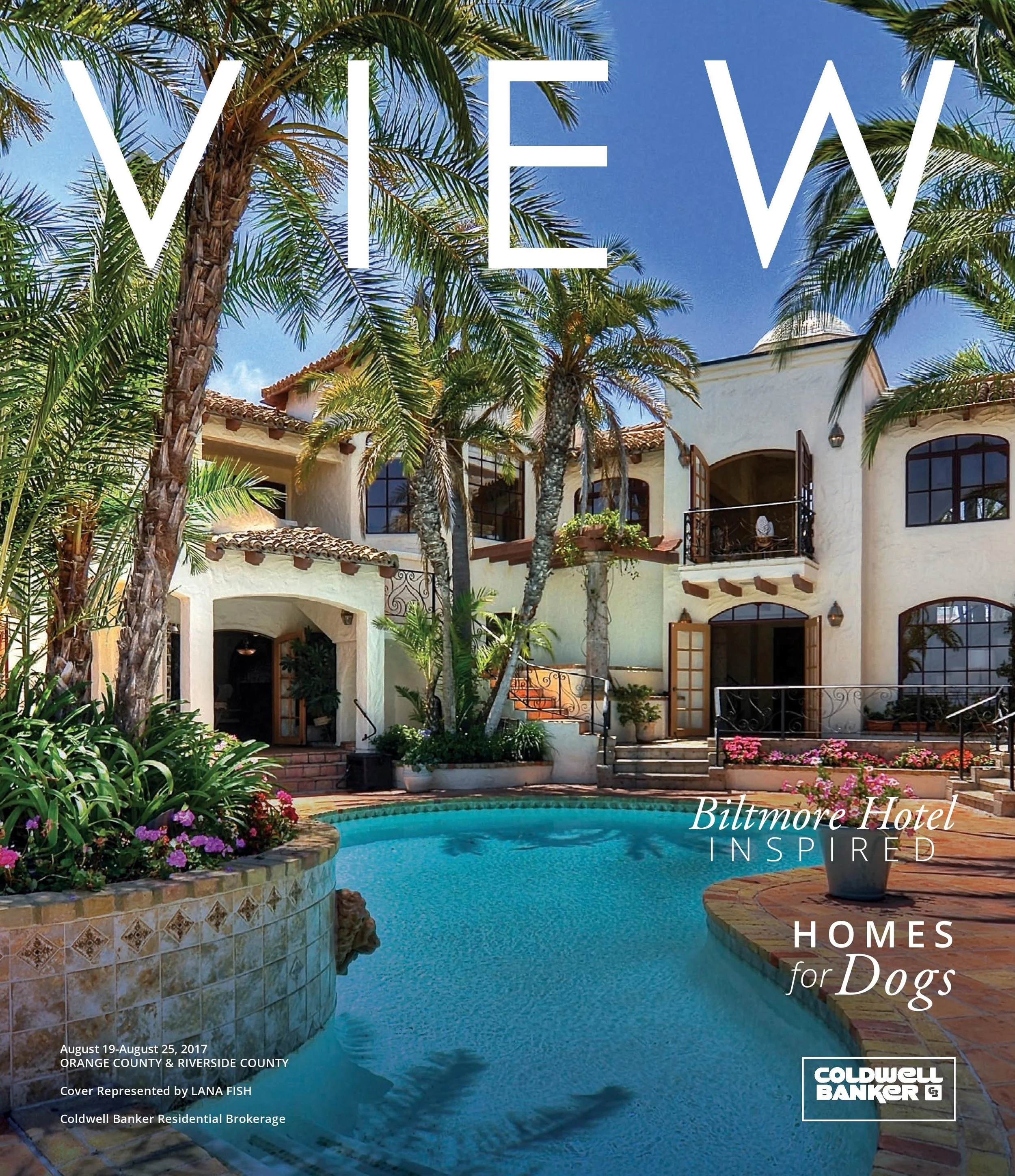 A luxury house with a swimming pool surrounded by palm trees and colorful flowers in a sunny outdoor setting.