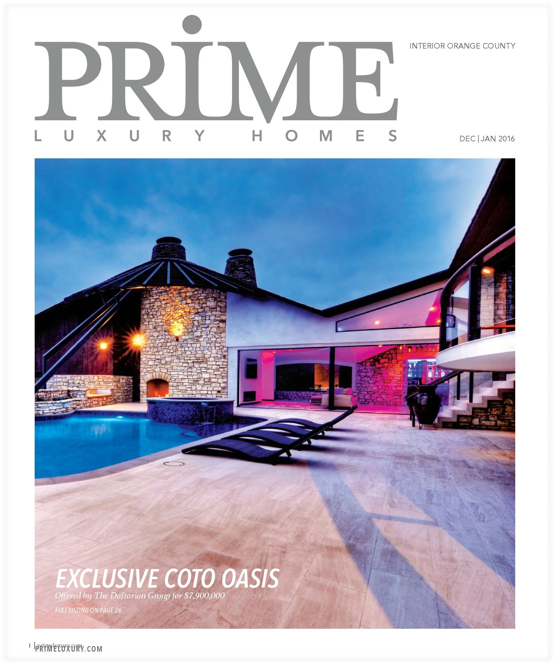 Cover of Prime Luxury Homes magazine, featuring a luxurious modern house with a swimming pool, outdoor fireplace, lounge chairs, and colorful lighting at dusk.
