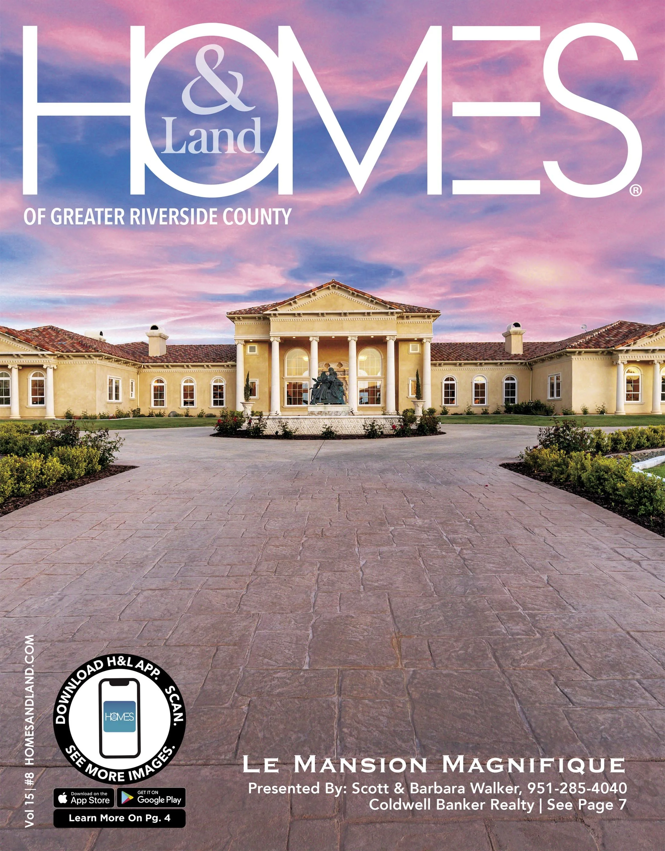 Cover of a real estate magazine featuring a large, elegant mansion with a majestic entrance, paved driveway, landscaped bushes, and a colorful sunset sky.