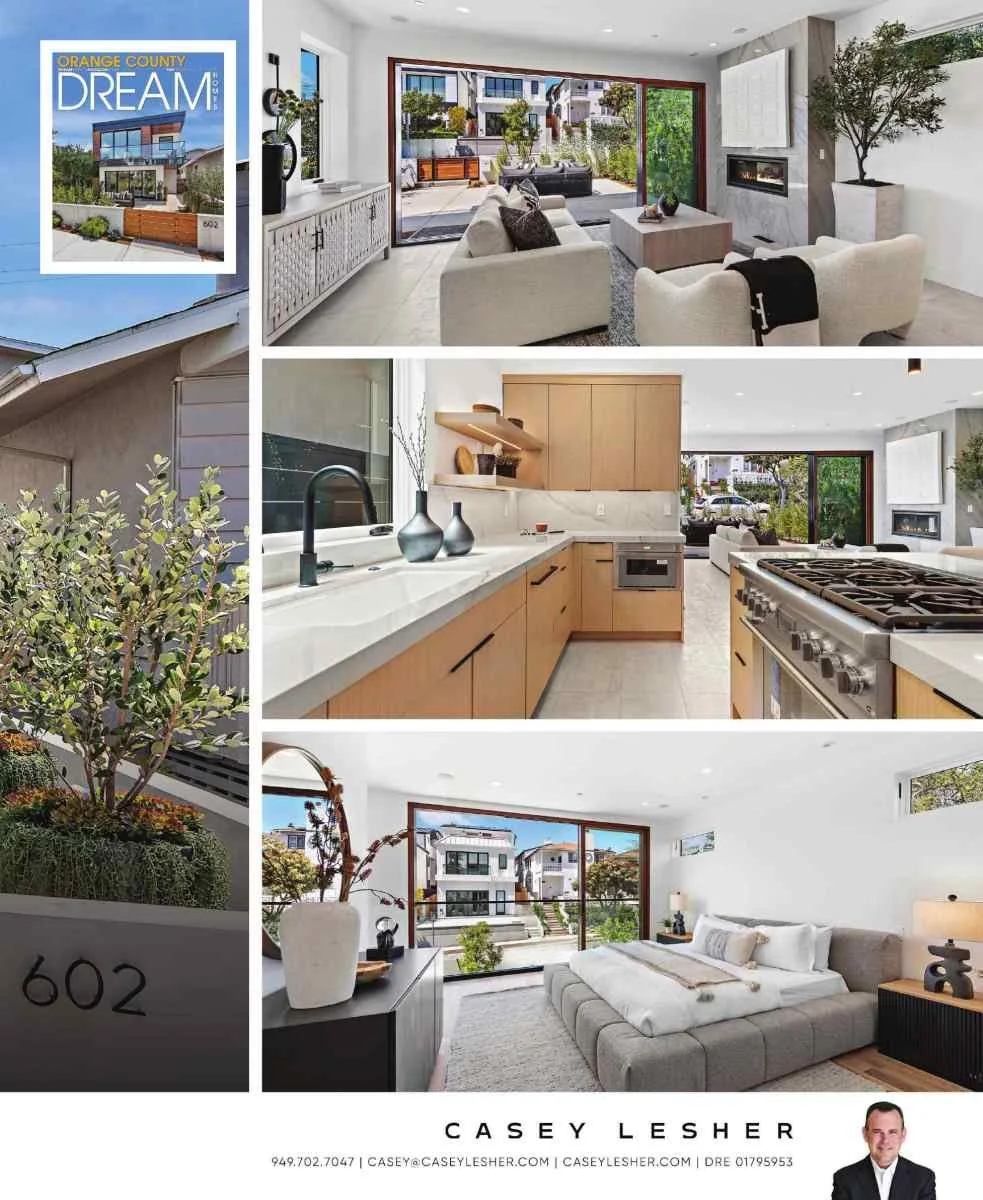 Collage of interior and exterior images of a modern house, including living rooms, kitchen, bedroom, yard, and a house poster with the text 'Orange County Dream' and the number 602. Contact information for Casey Lesher is at the bottom.
