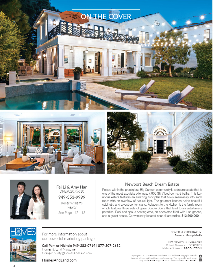Night view of a luxurious white two-story house with a swimming pool, outdoor loungers, string lights, and a landscaped yard.