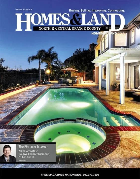 Magazine cover titled 'Homes & Land North & Central Orange County' featuring a backyard with a swimming pool and hot tub at dusk, surrounded by a patio and house with outdoor lighting.