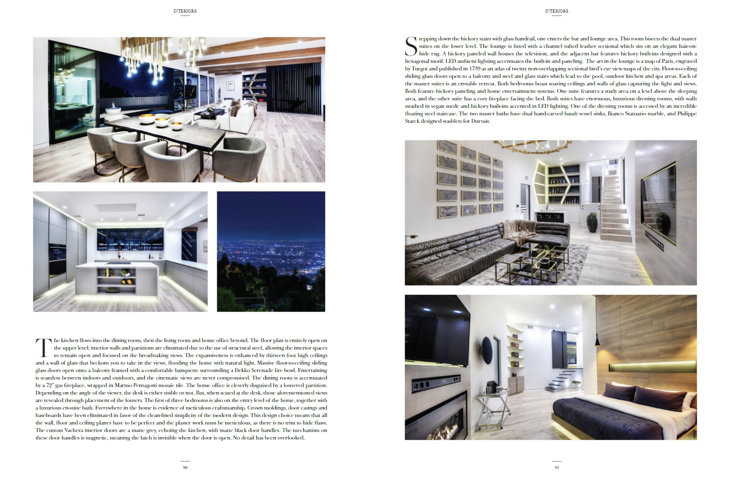 Two pages from a real estate or interior design magazine featuring modern homes with images of interior spaces, including a dining area with a view of the night sky and cityscape, a kitchen, and living rooms with contemporary furniture and decor.