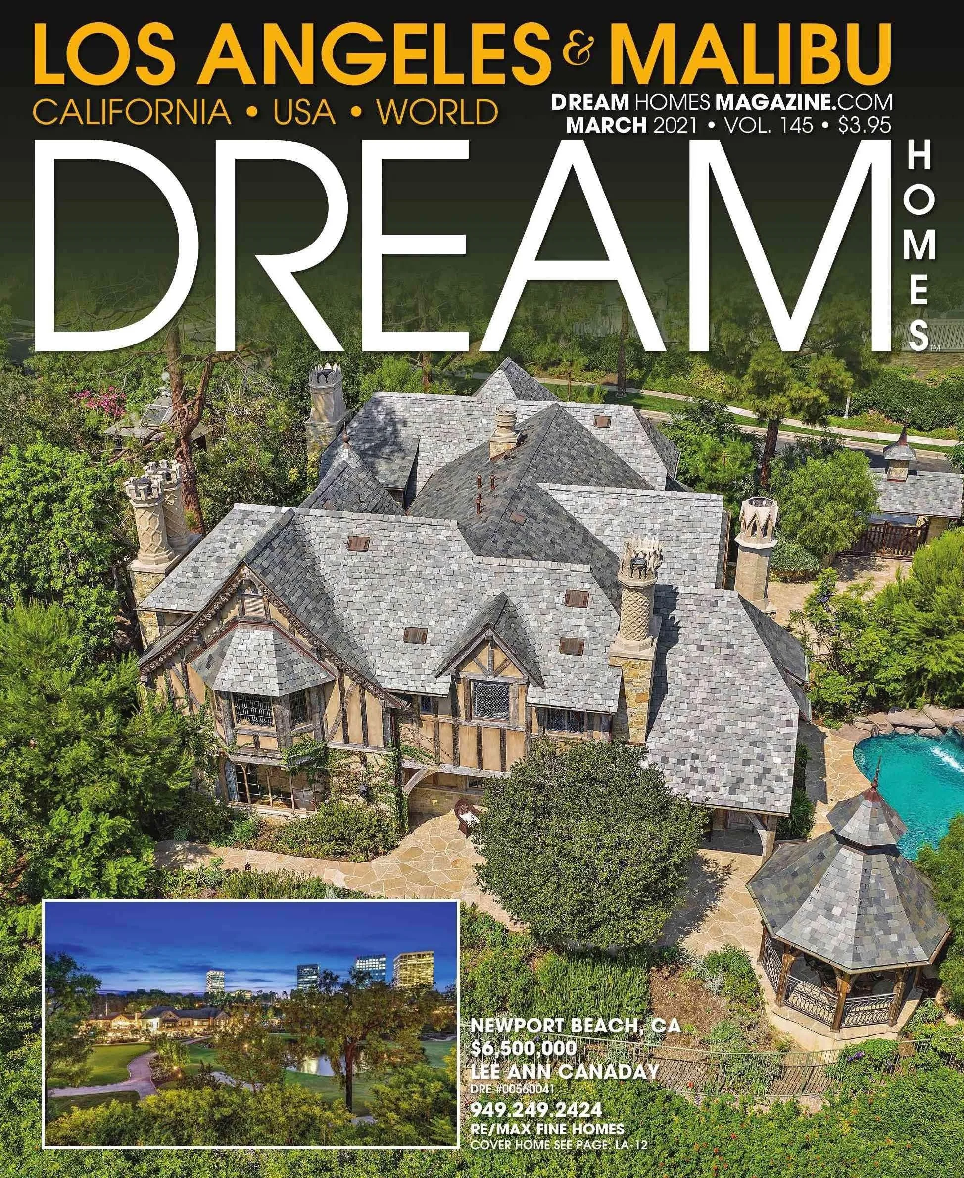 Aerial view of a large, historic-style house with multiple gabled roofs, surrounded by lush greenery in Newport Beach, California, featured on the cover of Dream Homes Magazine, March 2021.