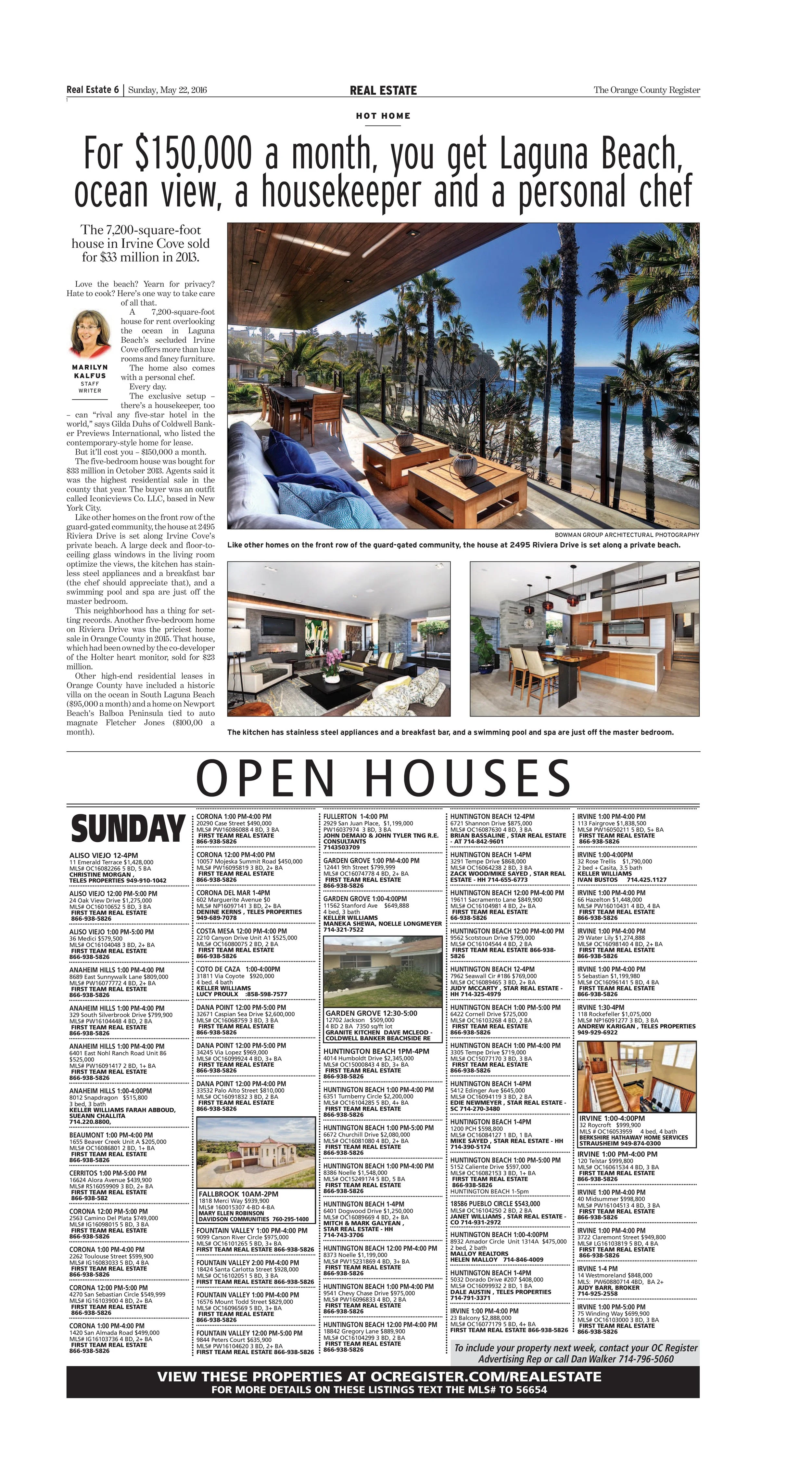 A newspaper page featuring real estate listings and open house announcements, including photos of a house with ocean view, a kitchen, and a living room.