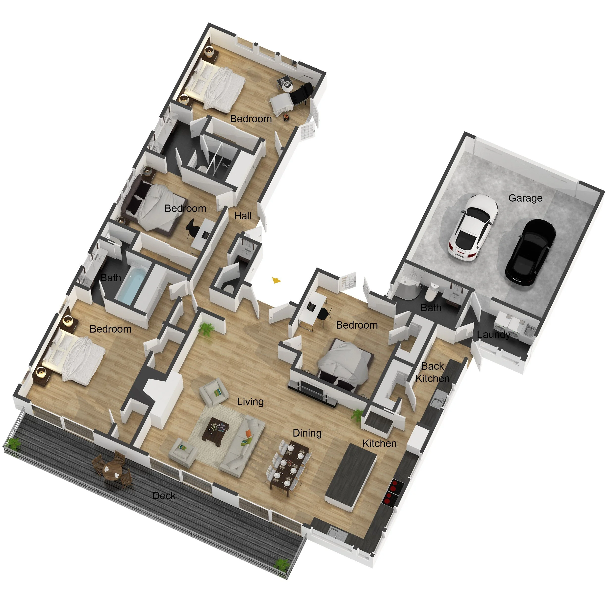 Floor plan of a house with three bedrooms, two bathrooms, a living room, dining area, kitchen, laundry room, garage, and a deck outside.