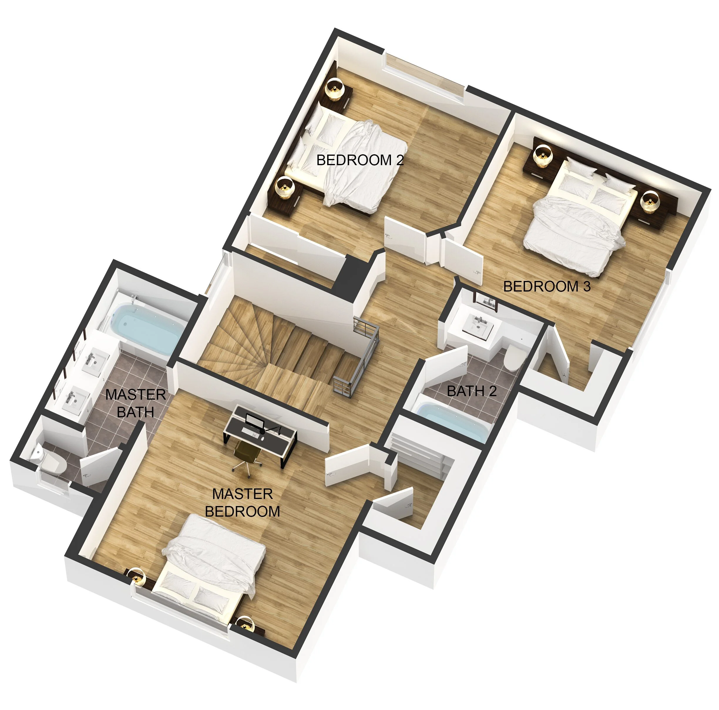 3D floor plan of a house's upper level showing a master bedroom with attached master bath, two additional bedrooms labeled Bedroom 2 and Bedroom 3, and a second small bathroom. The layout includes wood flooring, beds with white bedding, and small bed