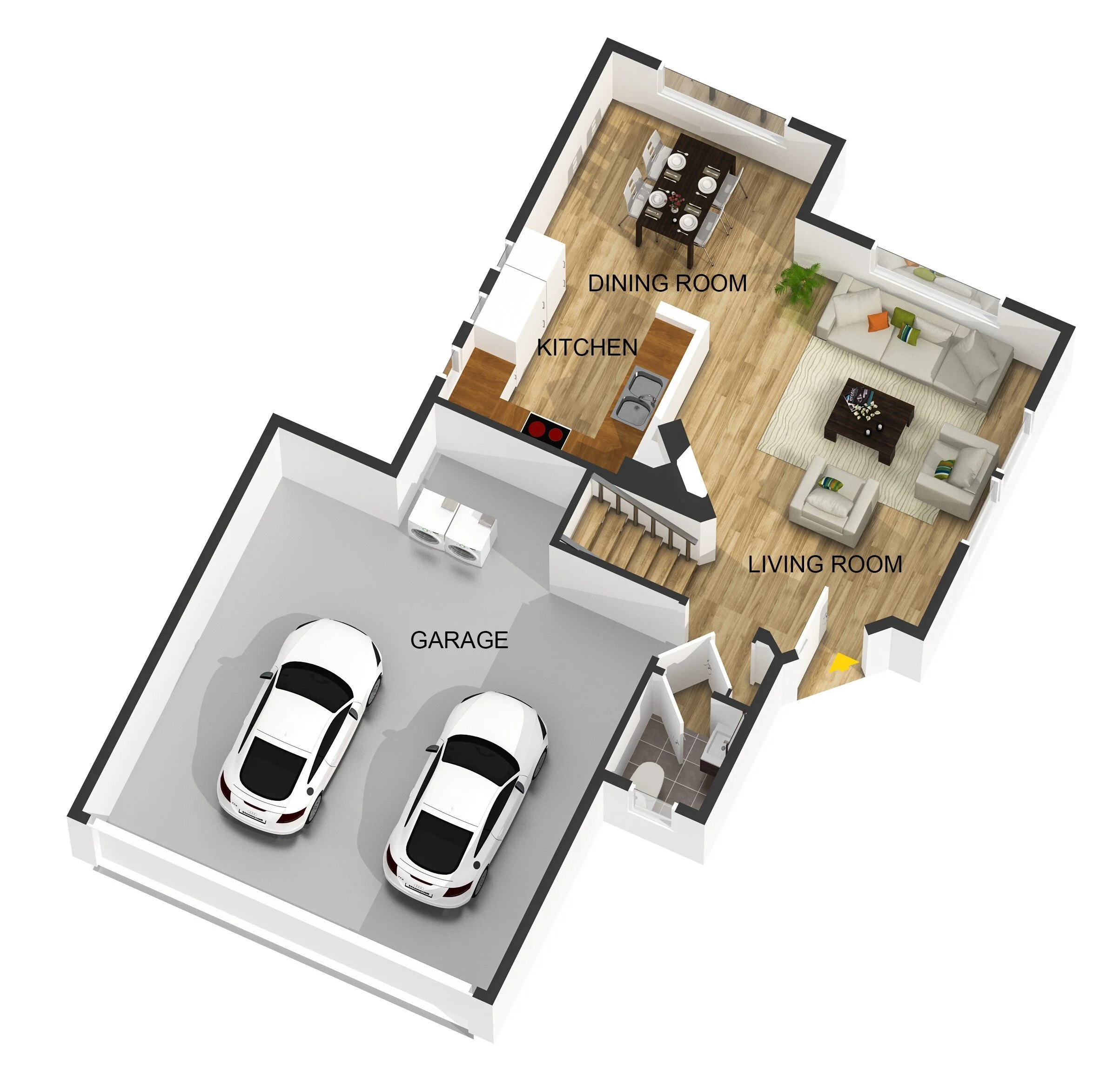3D floor plan of a house showing a garage with two cars, a living room, a kitchen, a dining room, and a bathroom.