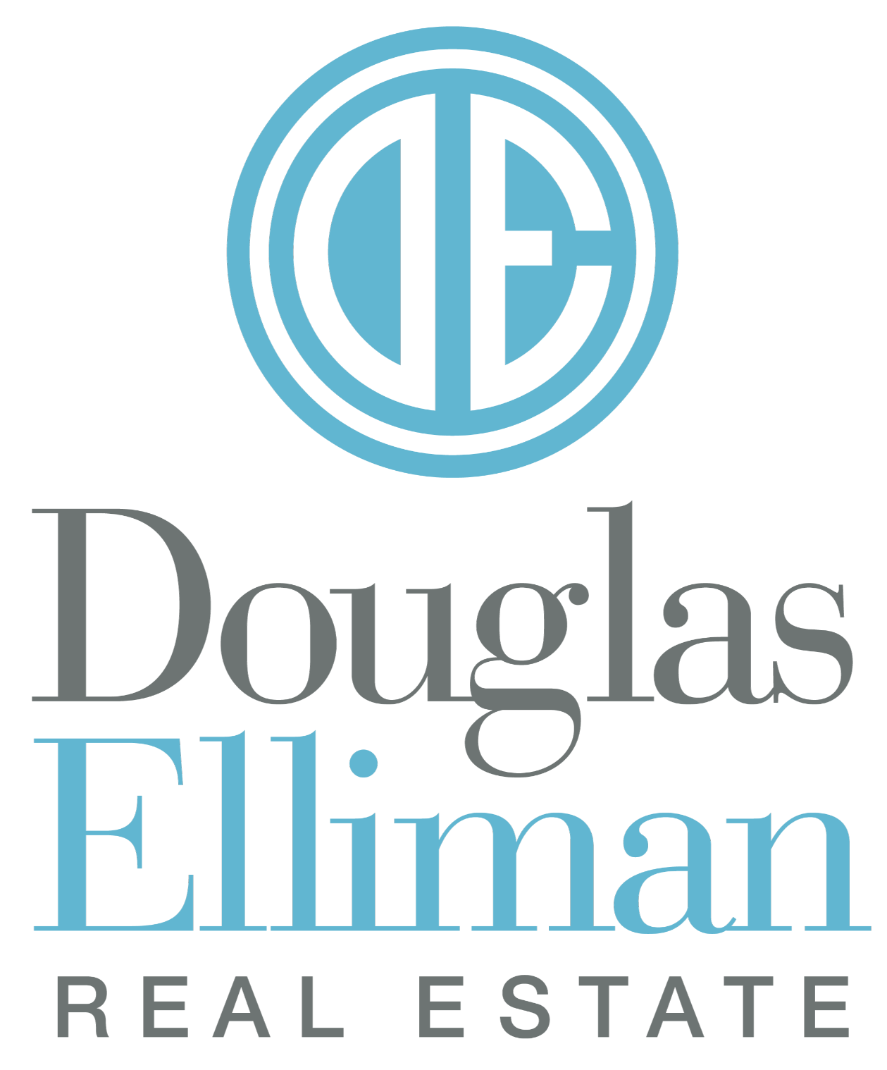 Logo for Douglas Elliman Real Estate, featuring a circular blue emblem with stylized initials and the company's name written below in gray and blue text.