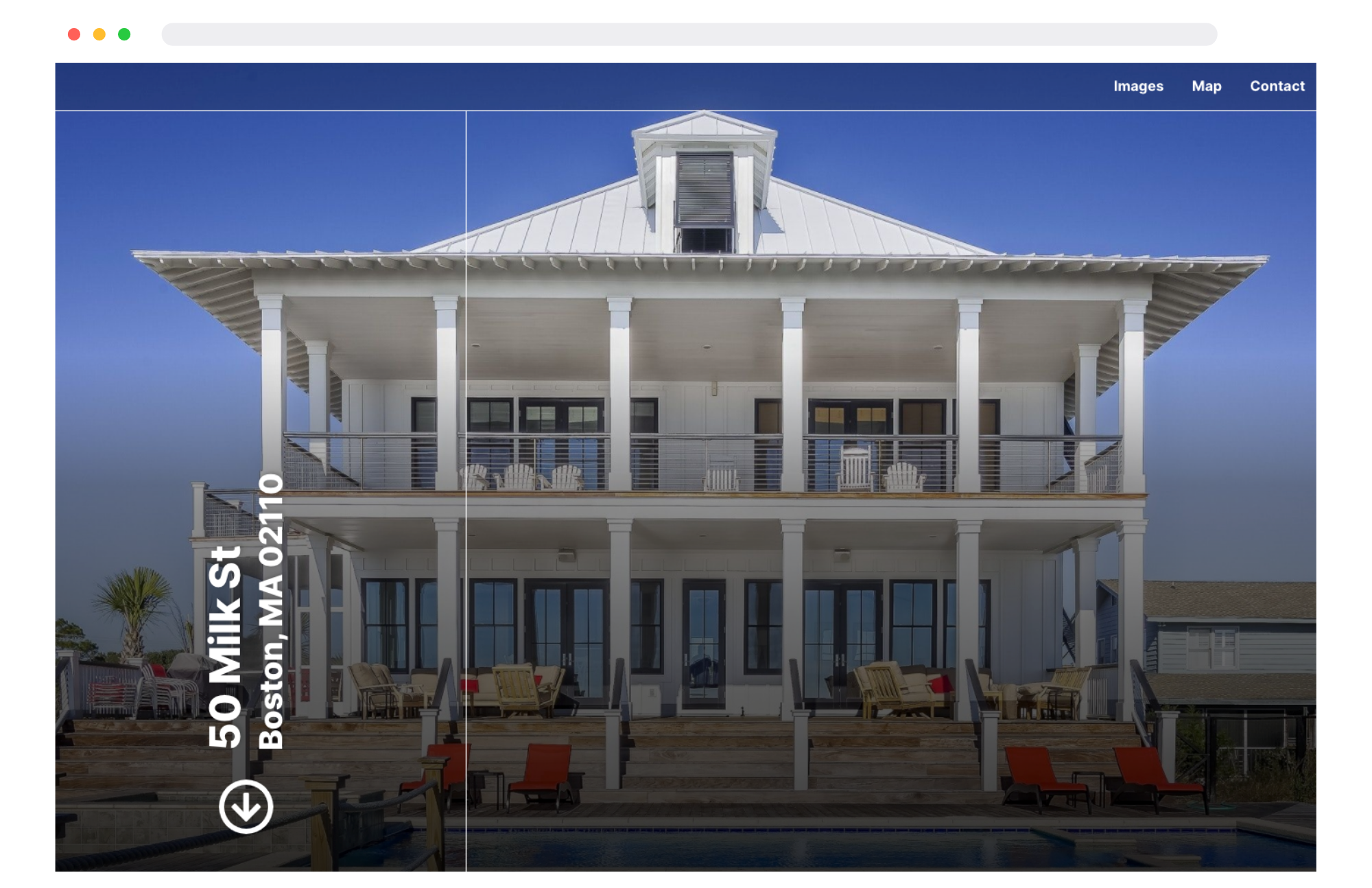 A large, white, three-story beach house with a wraparound porch on each level, situated by a pool with lounge chairs and outdoor furniture, under a clear blue sky.