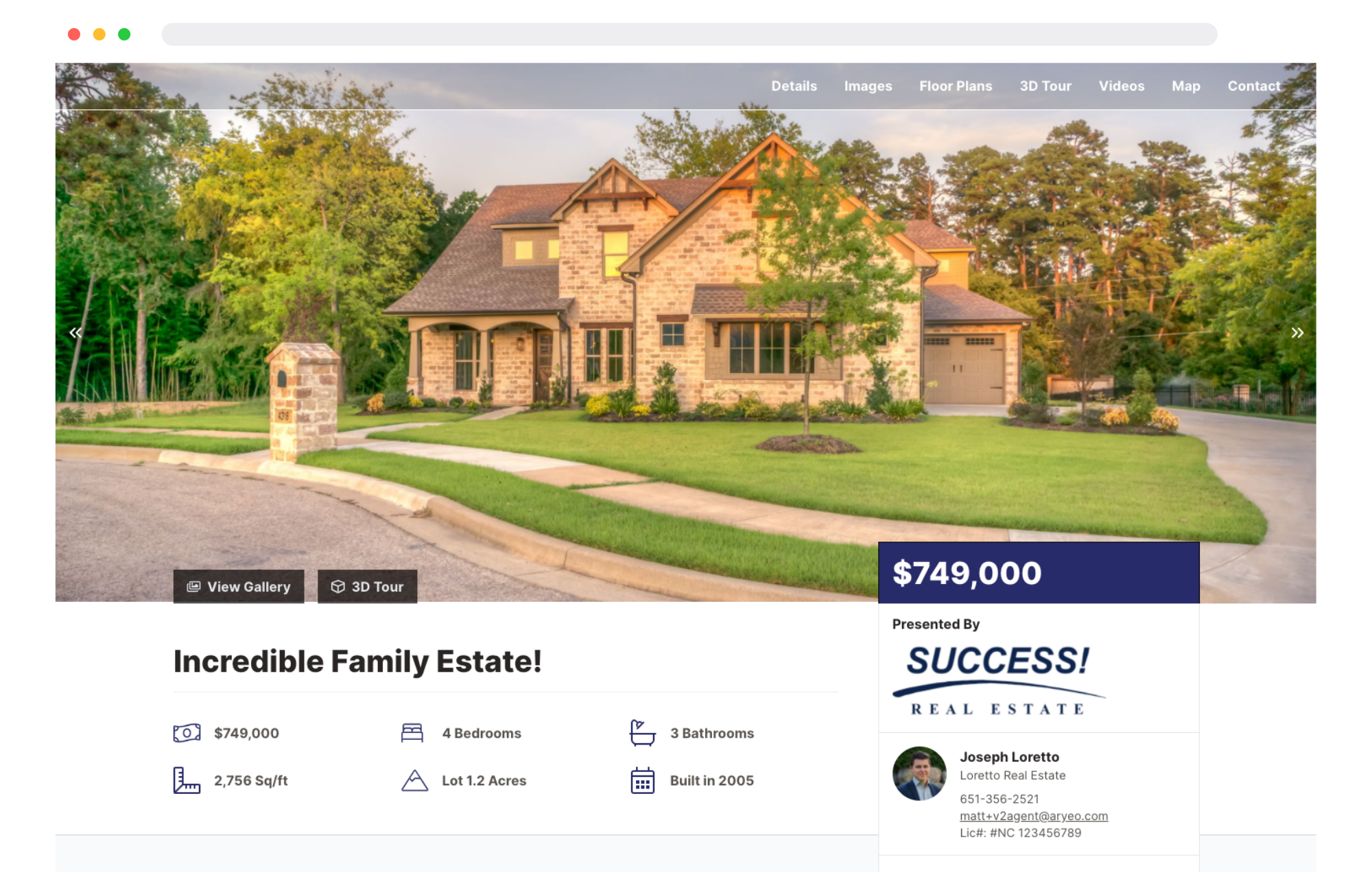 A listing for a family estate home showing a large brick house with a well-manicured lawn and driveway, with a real estate agent's contact info and price of $749,000.