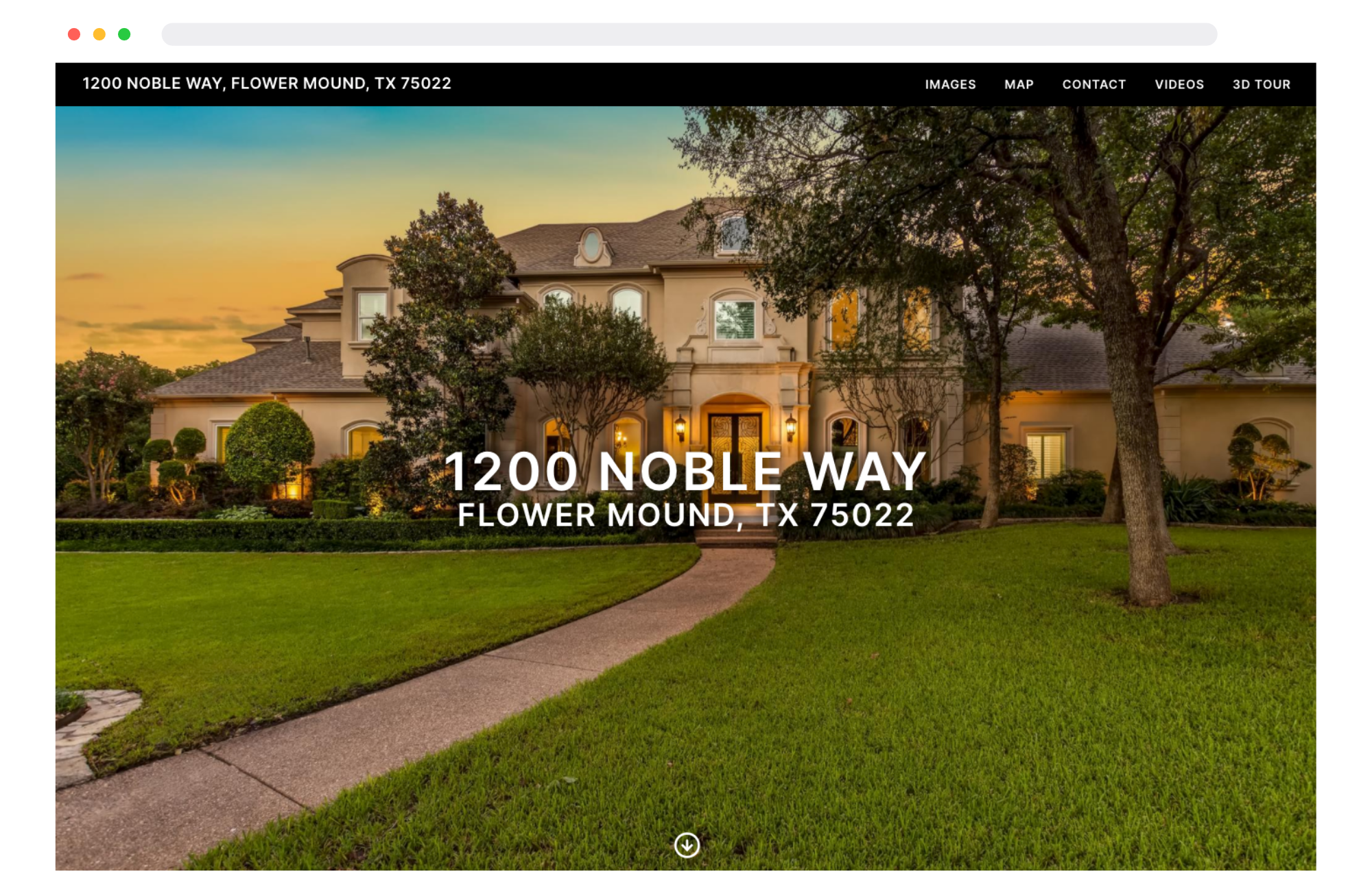 Front view of a large, elegant house with a well-maintained lawn and a curved pathway leading to the entrance, illuminated by warm exterior lighting during sunset.