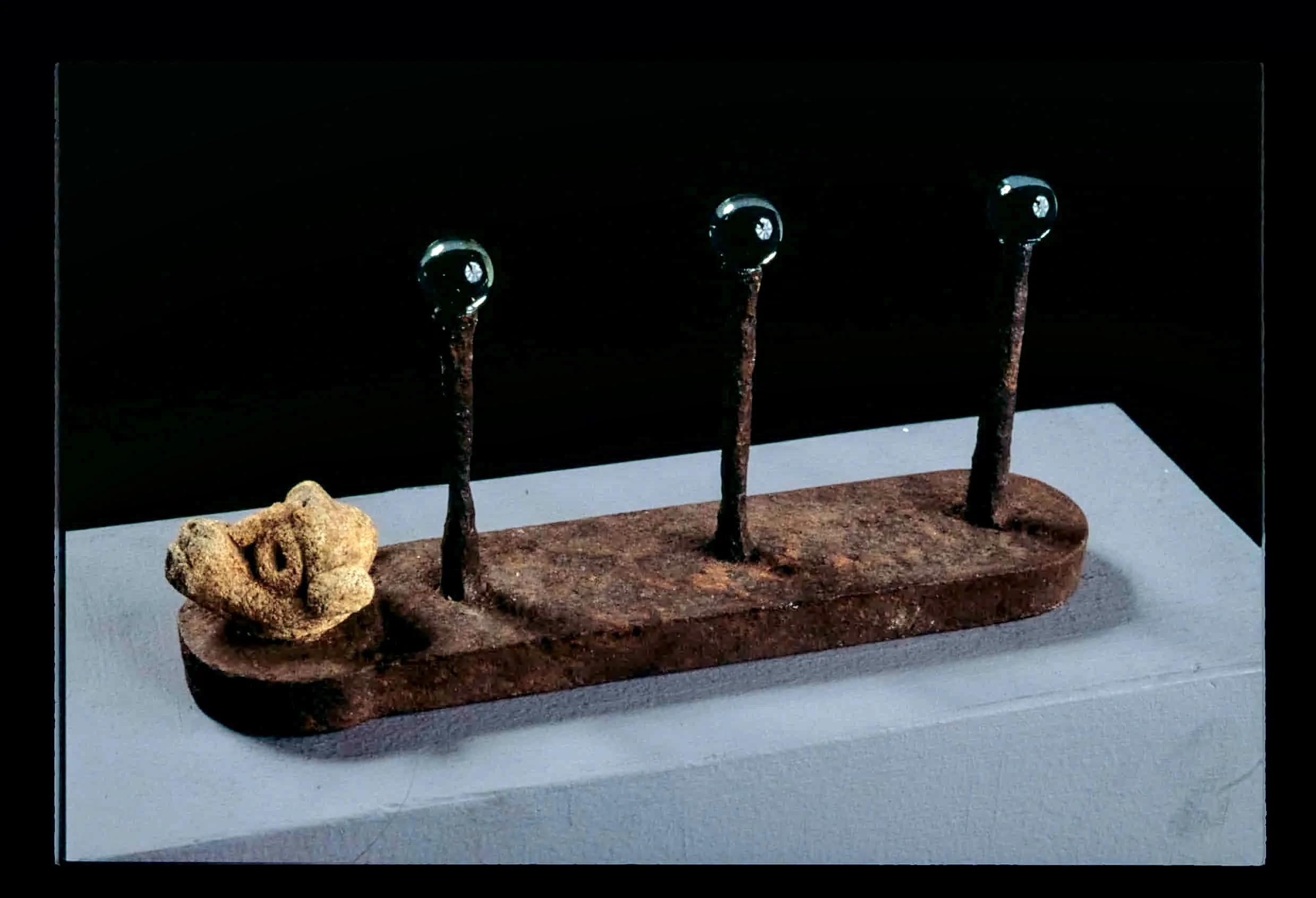 "Tribute" 1987, Steel, Glass, Taino Artifact, 5"H x 9'W x 2"D