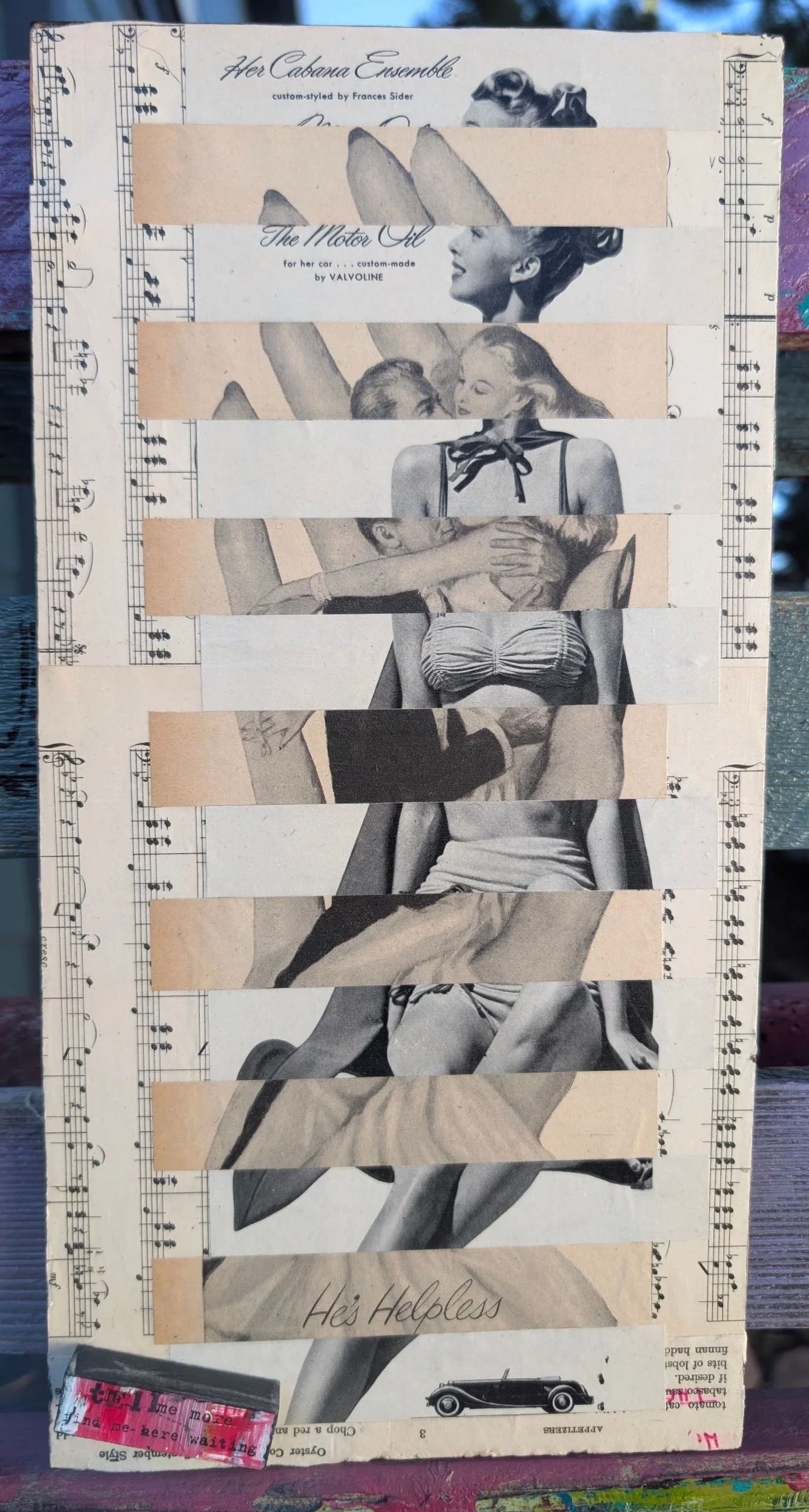 He's Helpless: Vintage Fashion & Music Sheet Collage