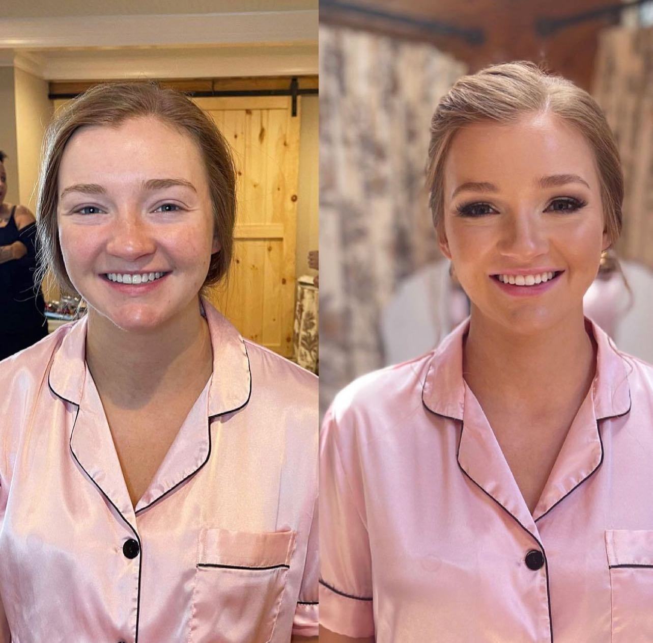 A side-by-side comparison of a woman before and after makeup and hairstyling. In the before image, she has minimal makeup and simple hair, while in the after image, she has styled hair, makeup, and a bright smile.