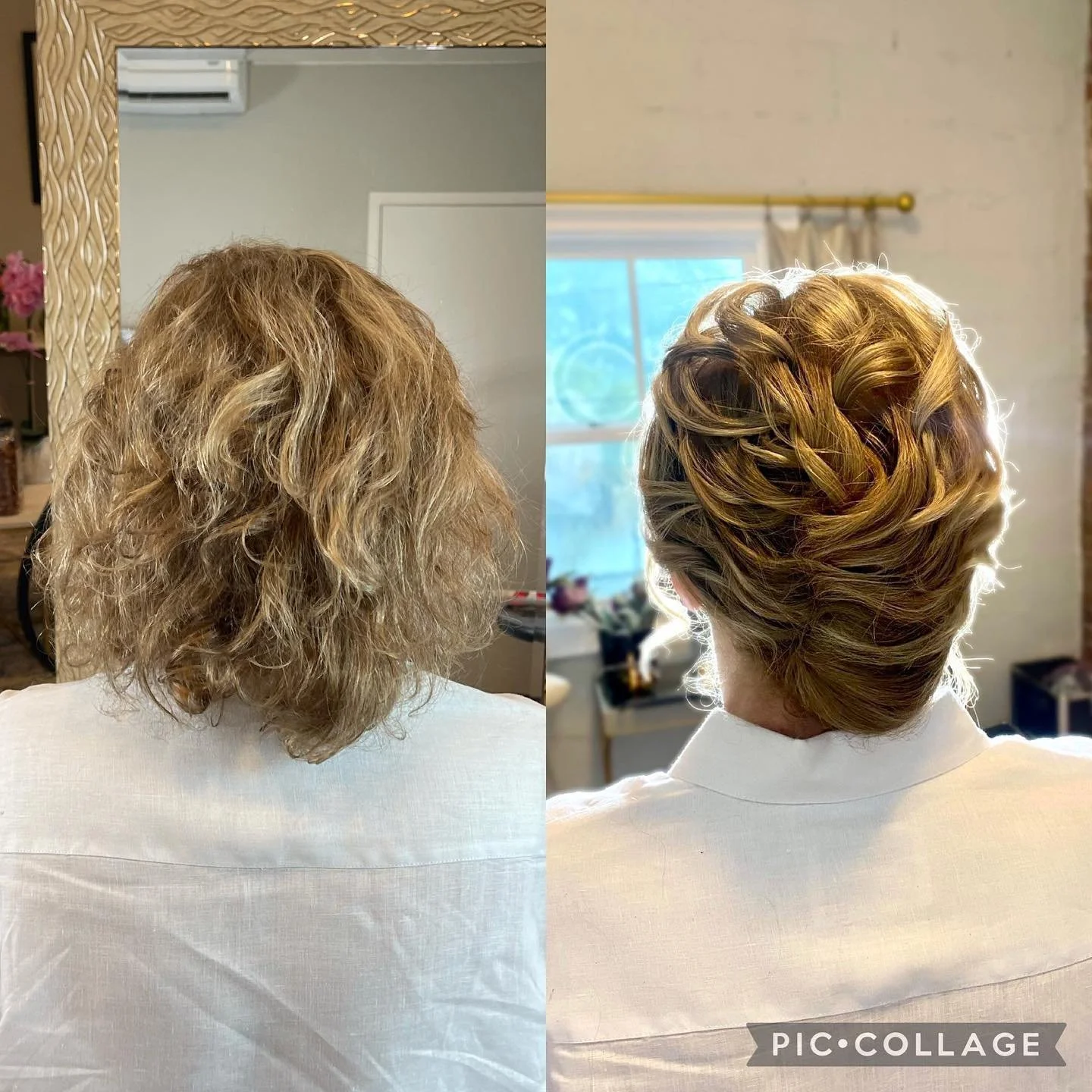 Comparison of a woman's hair before and after styling; the left shows curly, frizzy hair, and the right shows an elegant, smooth updo with curls. Both images are taken from the back.