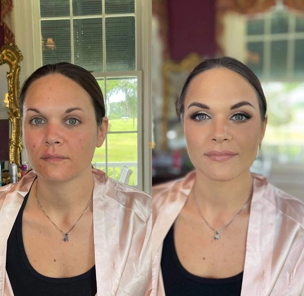 Side-by-side comparison of a woman before and after makeup application. The left shows her natural face with minor skin imperfections, and the right shows her with makeup, including foundation, eye makeup, and lipstick, making her look polished and g