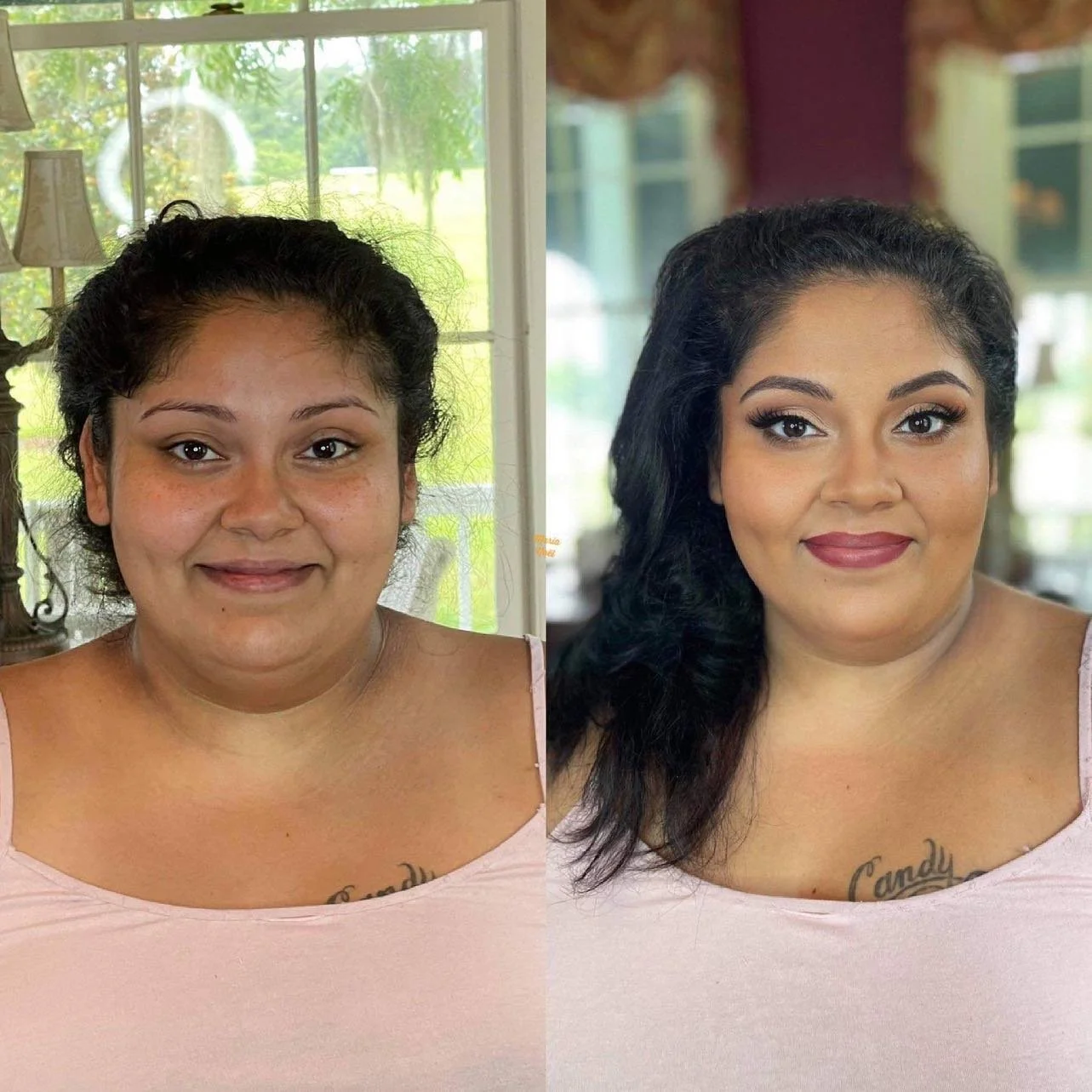 Side-by-side comparison of a woman before and after makeup. On the left, she has a natural look with minimal makeup, and on the right, she has a full makeup look with styled hair, eyeshadow, eyeliner, lipstick, and contouring.