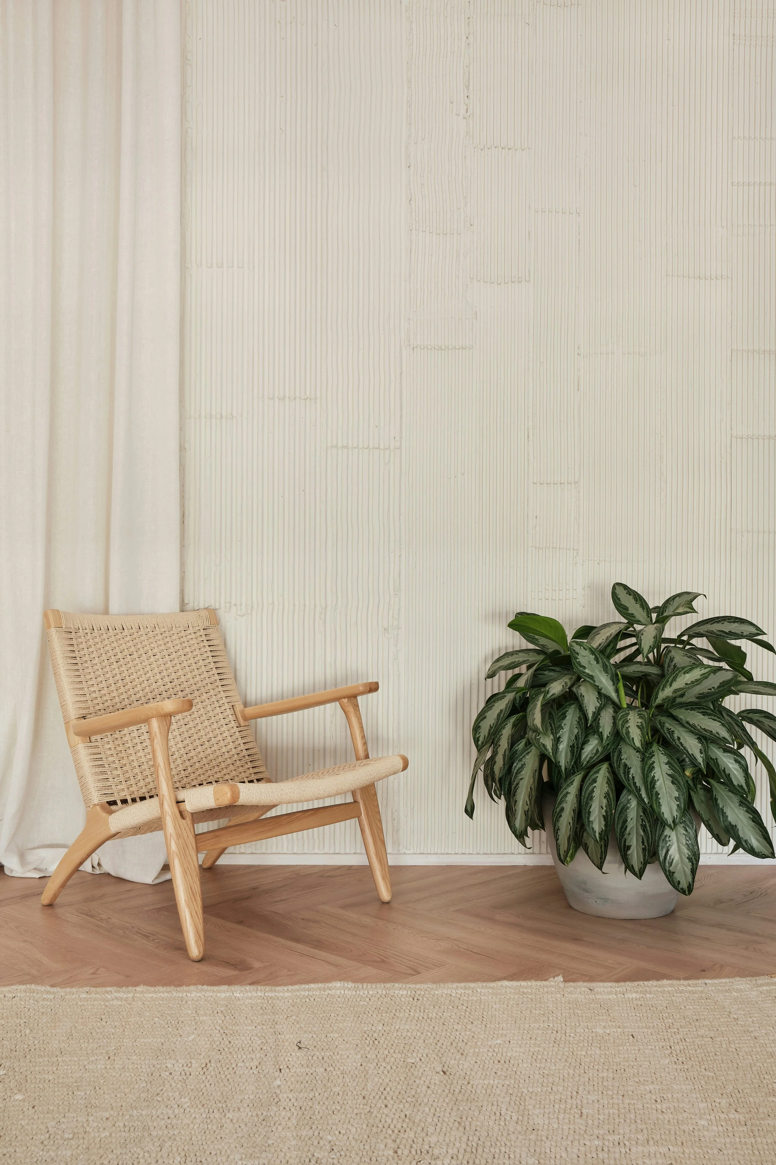 A cozy corner with a wooden wicker chair, a green potted plant, and beige rug.