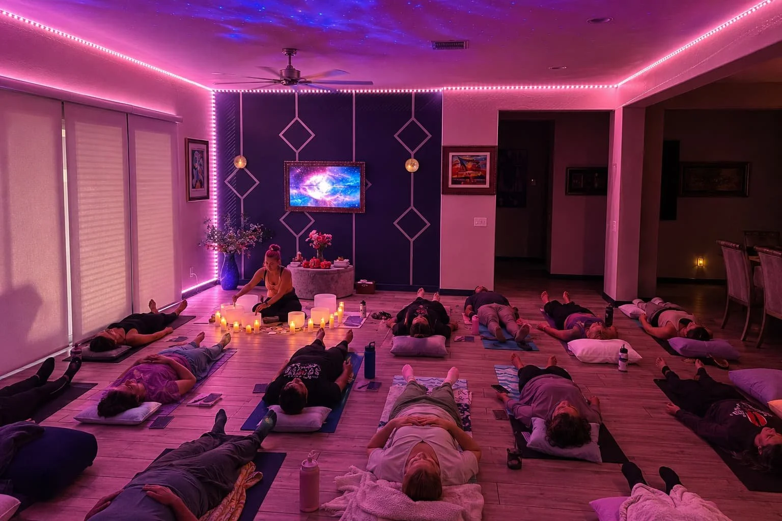 Entwined Breath couples breathwork and meditation event in Cary NC, participants lying on mats in candlelit room with ambient lighting, led by Seraphina Skye