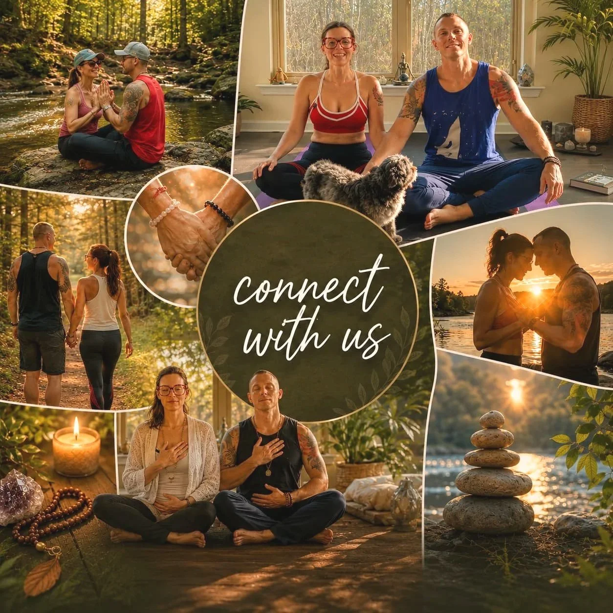 Connect with Entwined Breath — couples sitting by river, practicing yoga, meditating and holding hands, conscious connection experiences in Cary NC with Tieterious and Seraphina Skye