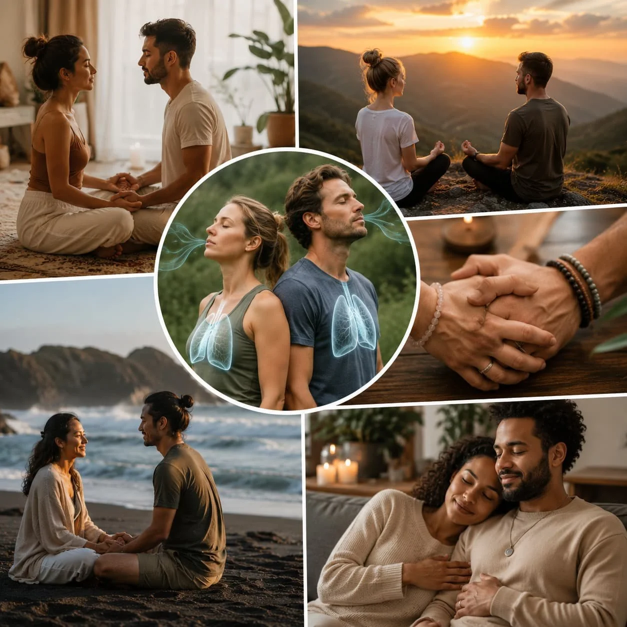 Couples sharing intimate breathwork and meditation moments through Entwined Breath, conscious connection and nervous system regulation for couples in North Carolina