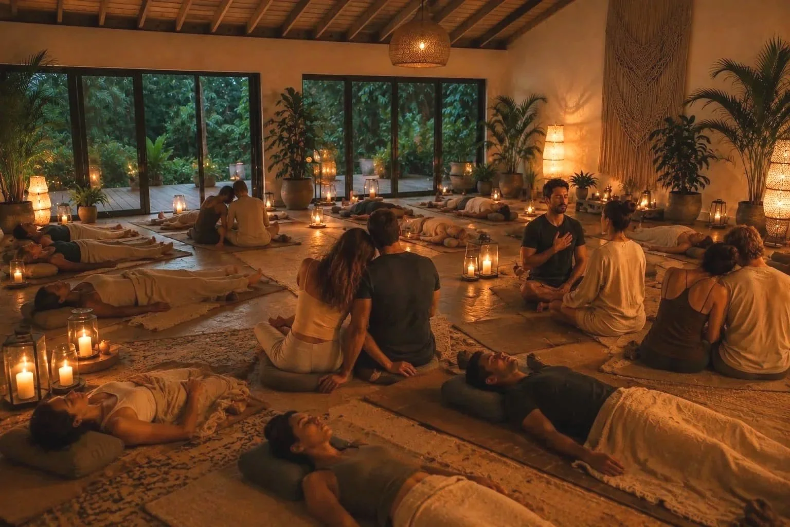 Entwined Breath group couples breathwork and meditation gathering in Cary NC, participants in candlelit studio with natural light and greenery