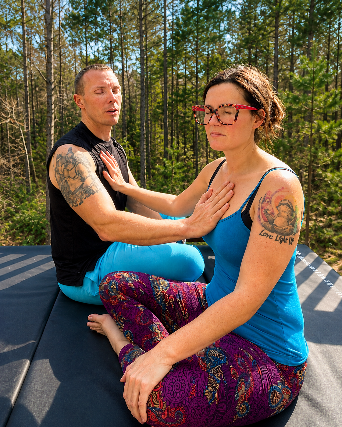 Tieterious and Seraphina Skye meditating outdoors in nature, sitting cross-legged with hands on heart, practicing couples breathwork and mindfulness