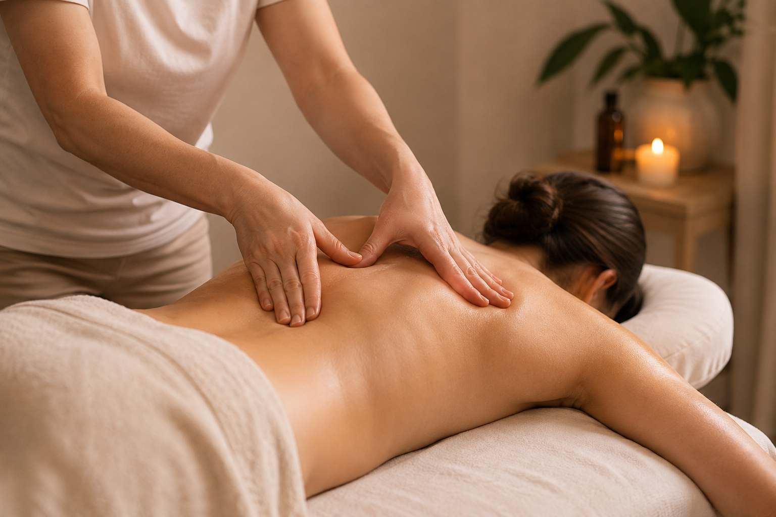 Massage therapist performing myofascial release on a client's back using slow, sustained pressure.