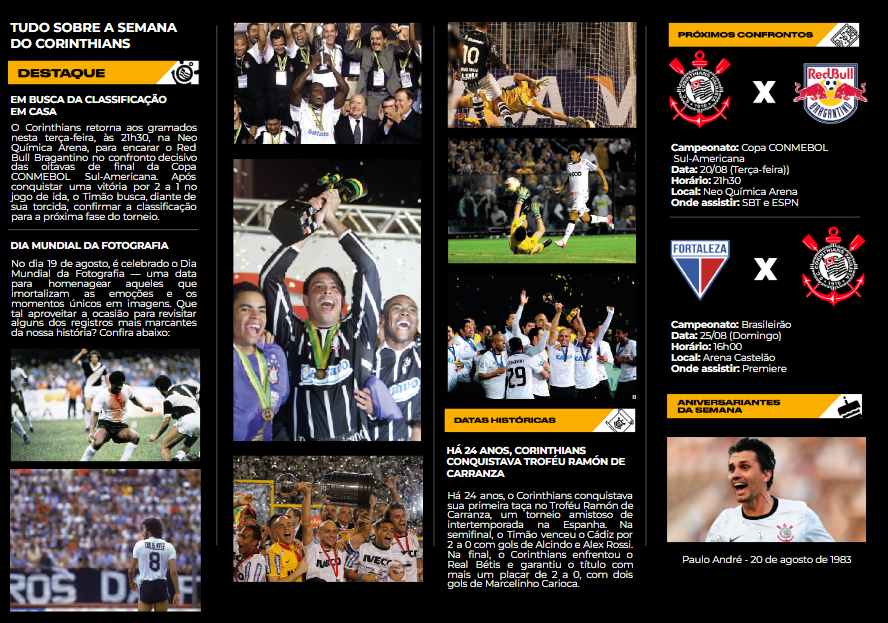 Edição da newsletter semanal do Corinthians, criada para reunir os principais acontecimentos da semana do clube em um único conteúdo.

A publicação apresenta destaques do futebol masculino e feminino, resultados, bastidores e próximos jogos, oferecen