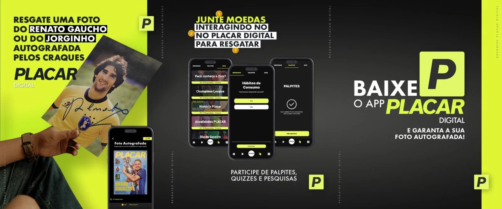 Copy para sequência de stories da PLACAR Digital promovendo ação de resgate de brindes no aplicativo. O texto foi desenvolvido para comunicar rapidamente o benefício da campanha, incentivar o uso das moedas do app e direcionar o público para o downlo