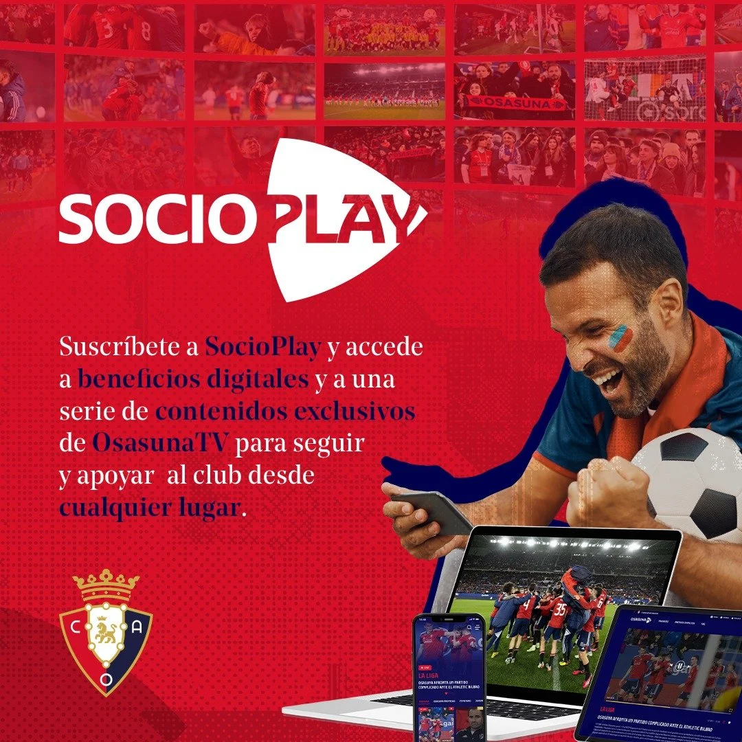 Criação de copy para artes de divulgação do aplicativo SocioPlay, do CA Osasuna, utilizadas nas páginas da Play Store e da App Store. Os textos foram desenvolvidos para destacar os benefícios da plataforma, como conteúdos exclusivos, vantagens digita