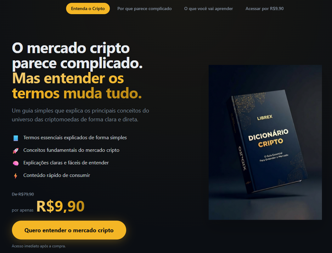 Neste projeto, desenvolvi a estratégia de copy para uma landing page de venda de um e-book educacional sobre criptomoedas. A proposta foi transformar um tema técnico em algo simples e acessível para iniciantes. A narrativa foi construída com base no 