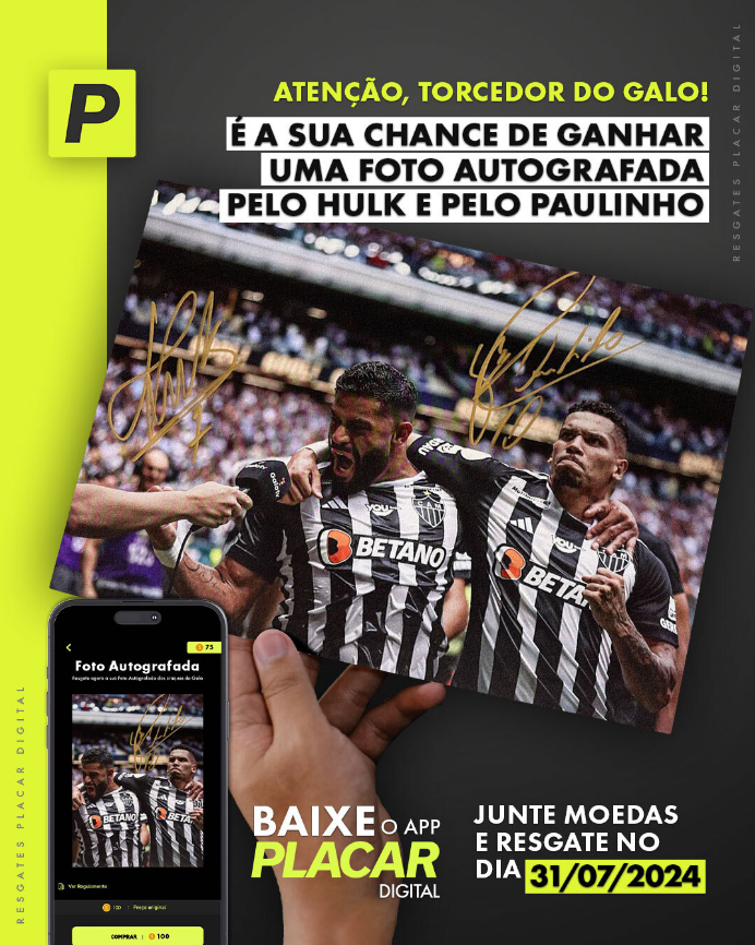 Copy para peça promocional da PLACAR Digital divulgando ação de resgate de brindes no aplicativo. O texto foi criado para chamar a atenção dos torcedores, destacar o prêmio disponível e incentivar o uso das moedas do app dentro da plataforma.