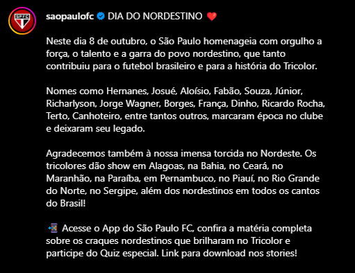 A comunicação também direciona o público para conteúdos e interações disponíveis no aplicativo oficial, ampliando a jornada dentro do ecossistema digital do clube.